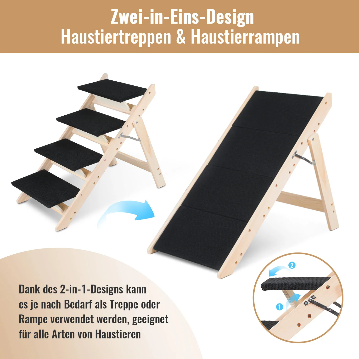 Hundetreppe 2 in 1 Hunderampe Klappbare 4-Stufig Belastung 80kg