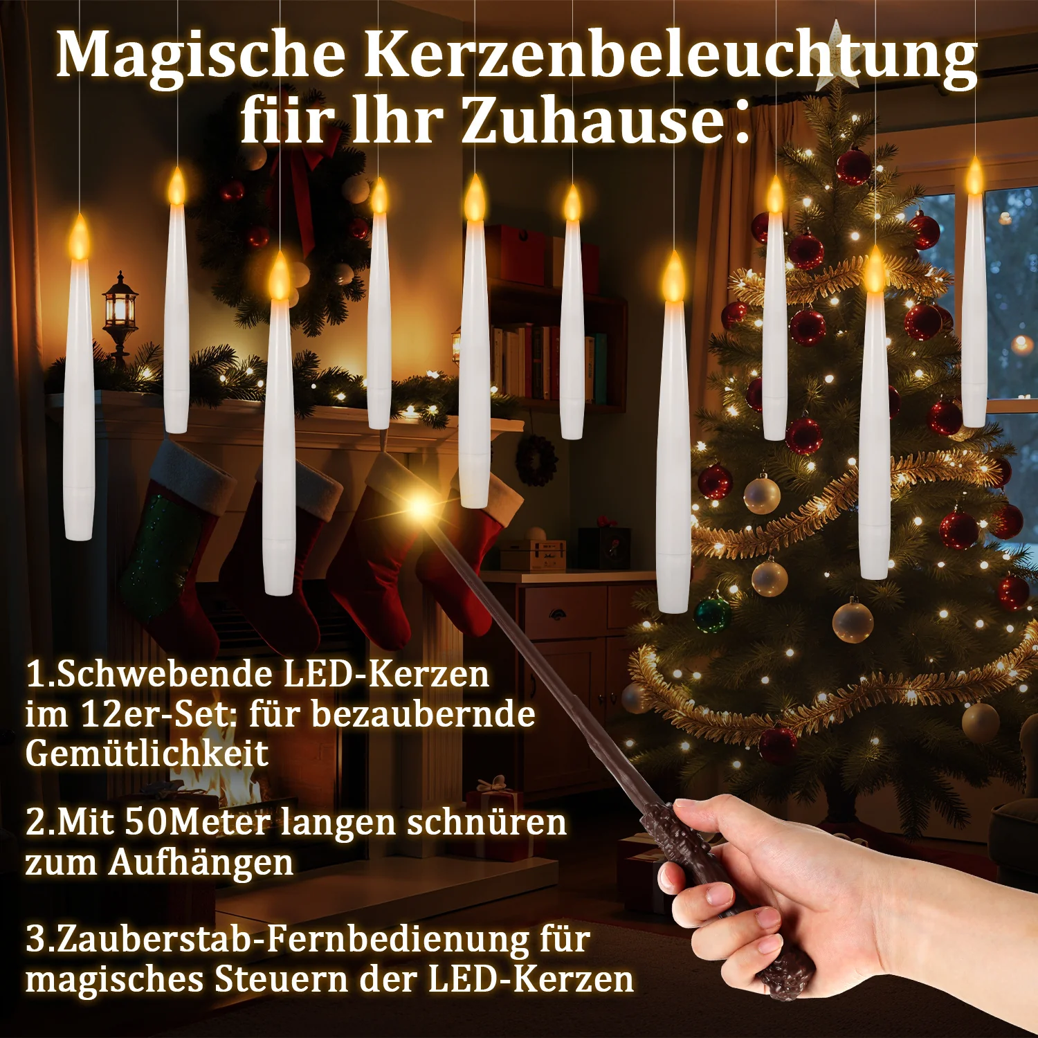 LED Schwebende Kerzen 12 Stück mit Zauberstab Fernbedienung