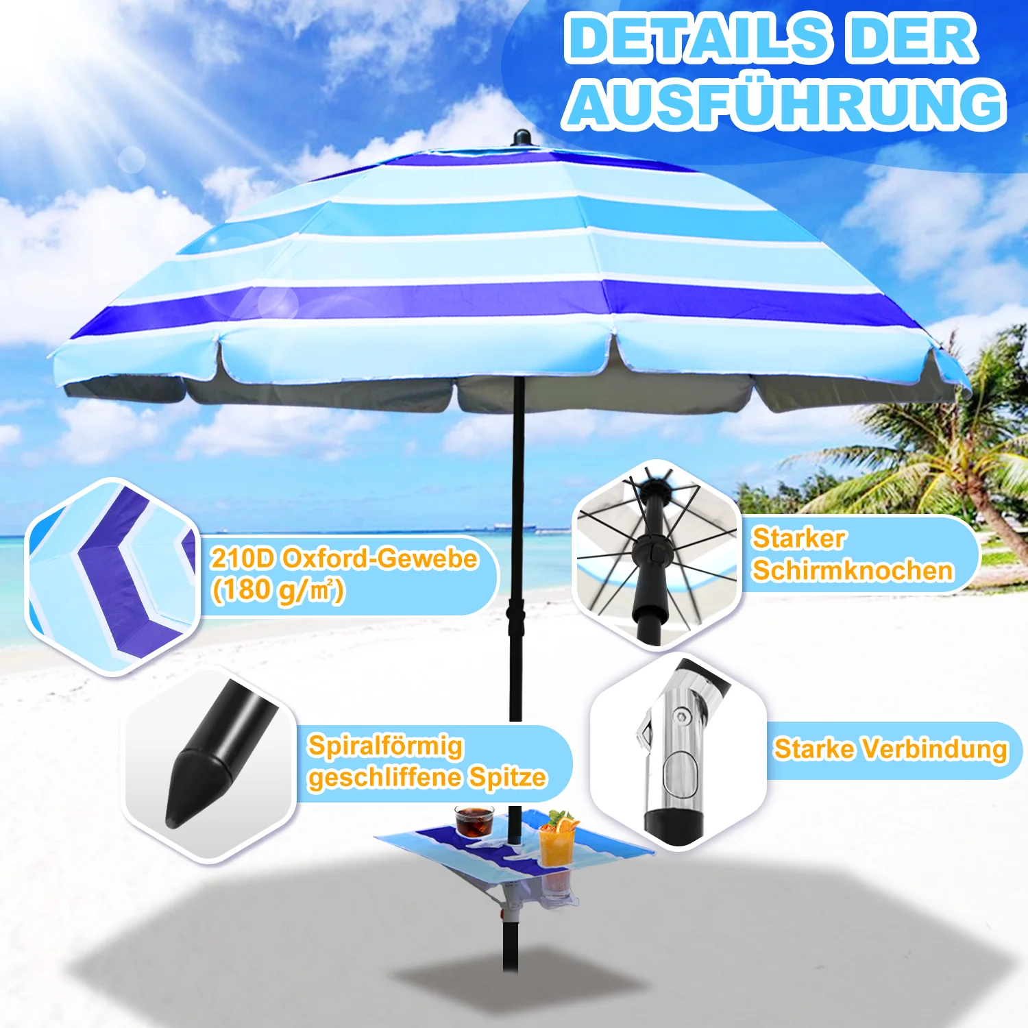 Strandschirm Sonnenschirm Ø 213cm mit Tisch