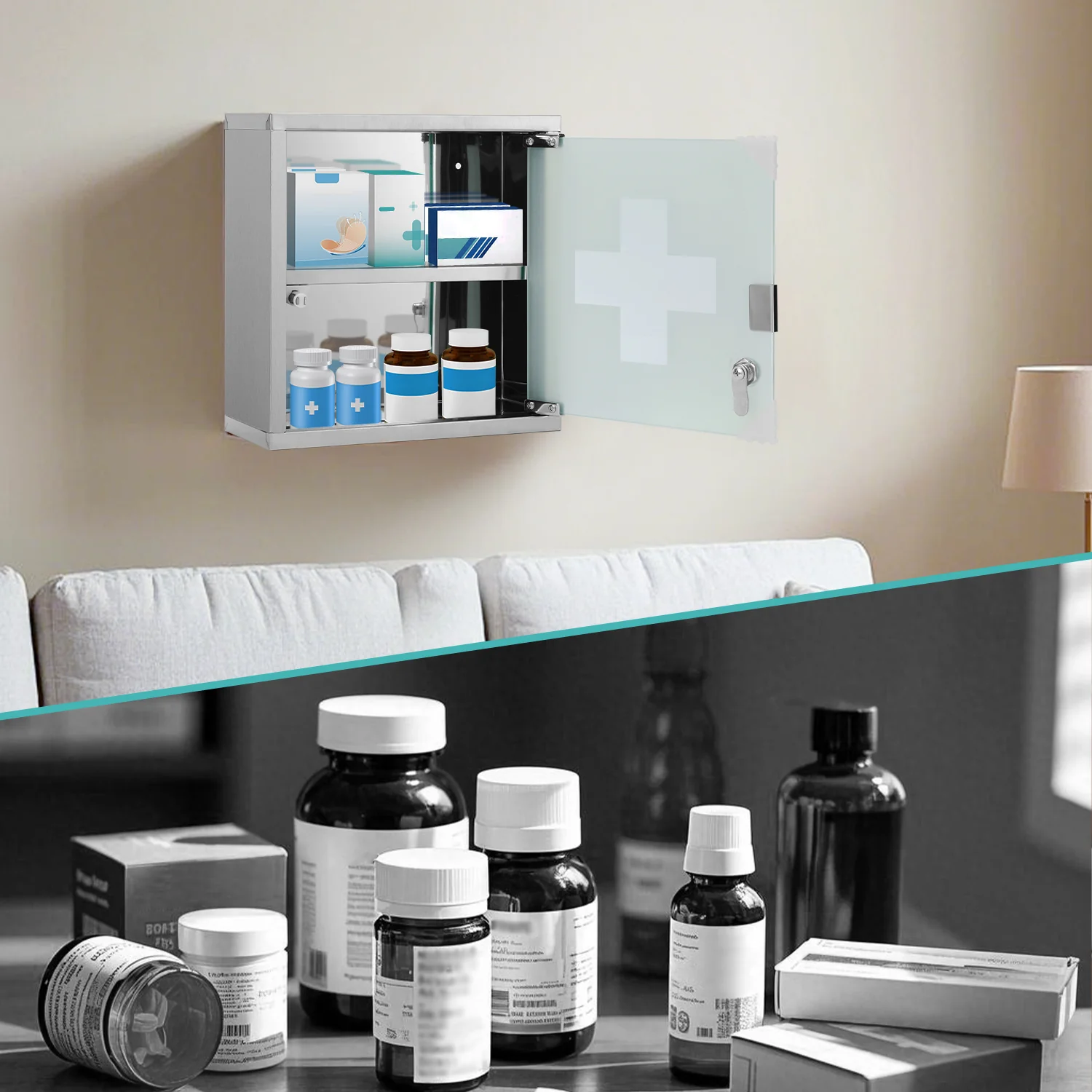 Medizinschrank für Zuhause aus Edelstahl 30x30x12cm/57x30x12cm
