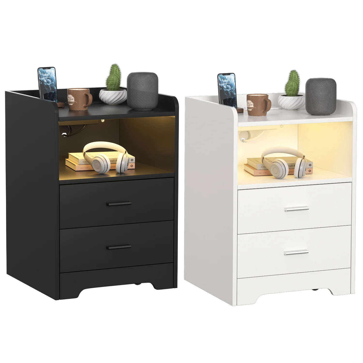 Nachttische mit LED-Streifen 2 Schubladen Steckdose Weiß/Schwarz