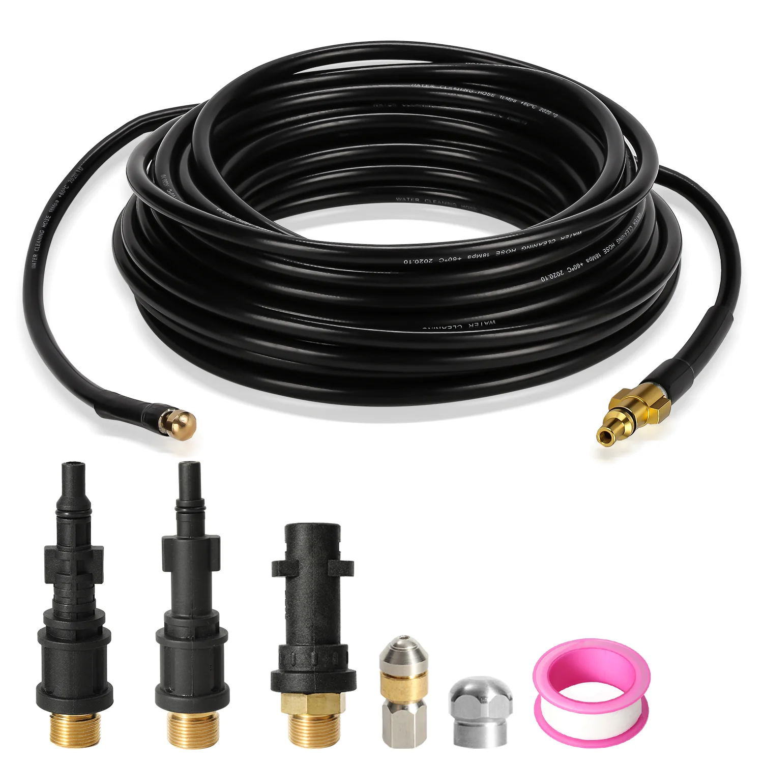 Rohrreinigungsschlauch 10M-30M mit starren und schwenkbaren Düsen, 3 Adapter