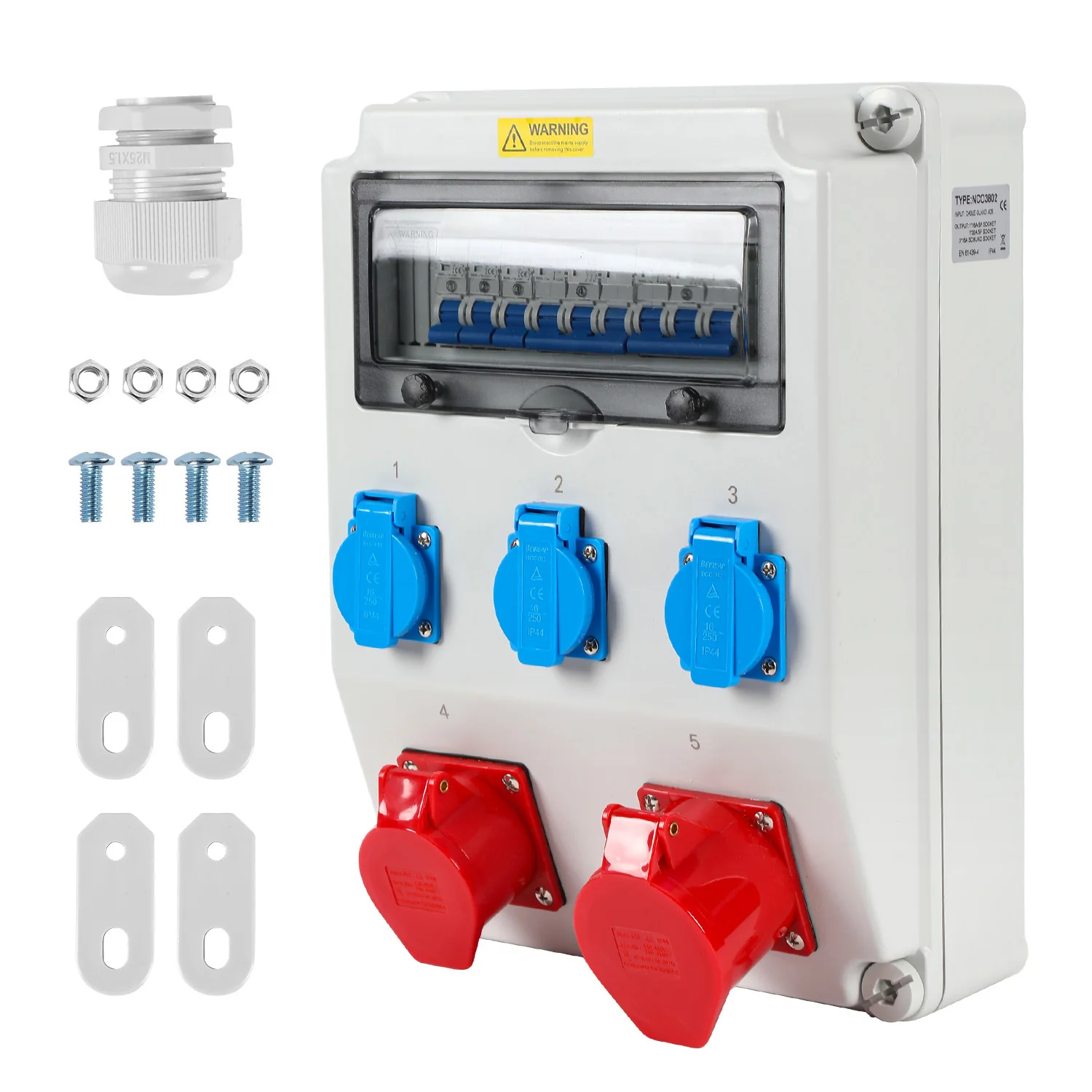 Wandverteiler mit Leitungsschutzschalter,5 Polig Baustromverteiler mit 3xSchuko-Steckdose und CEE-Steckdose 16/32A