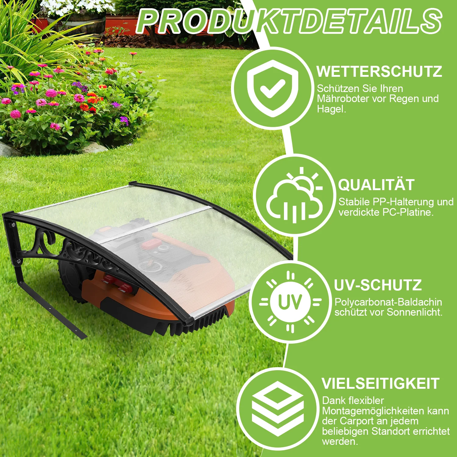 Mähroboter Garage Dach UV-Schutz