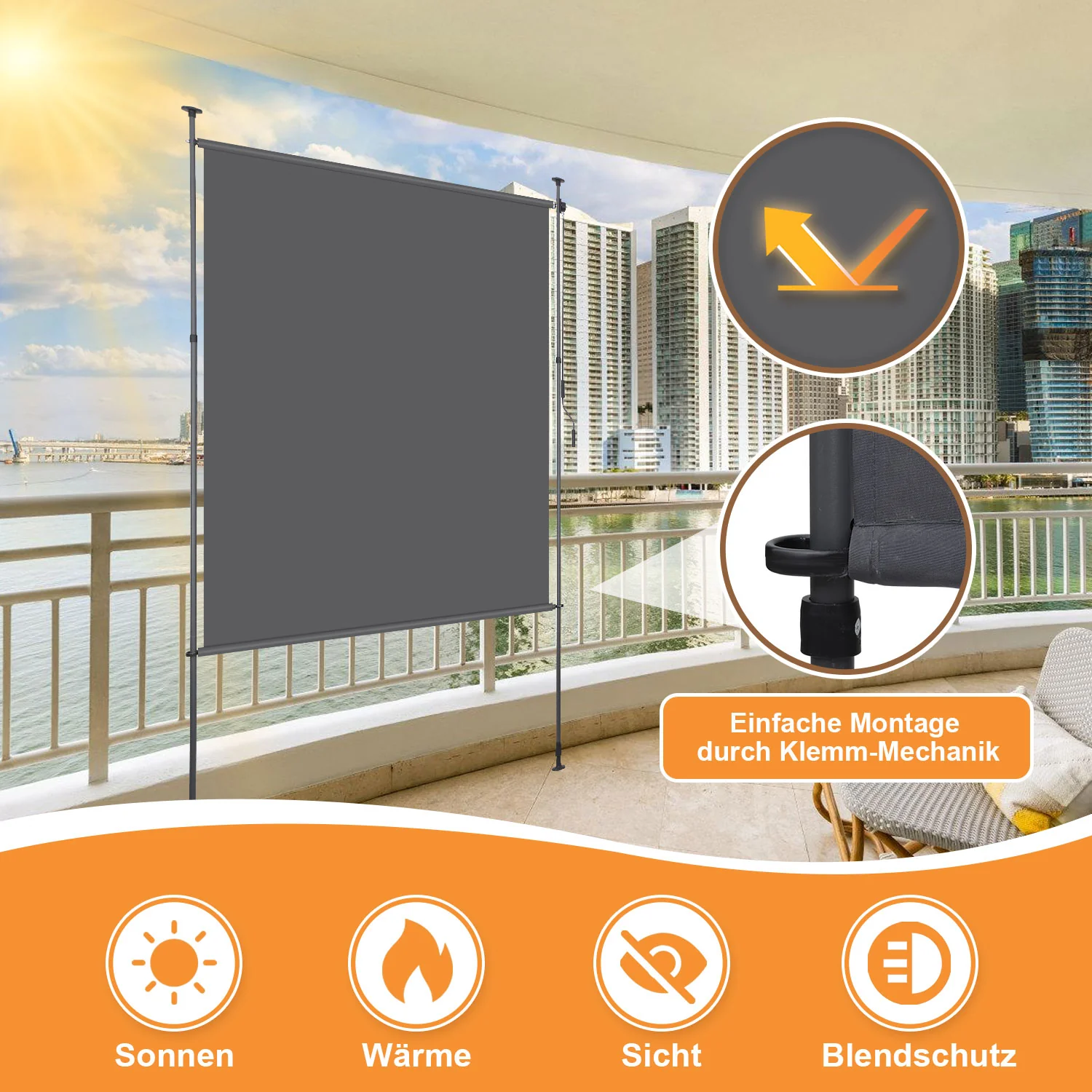 Klemmmarkise Senkrechtmarkise mit Handkurbel ohne Bohren