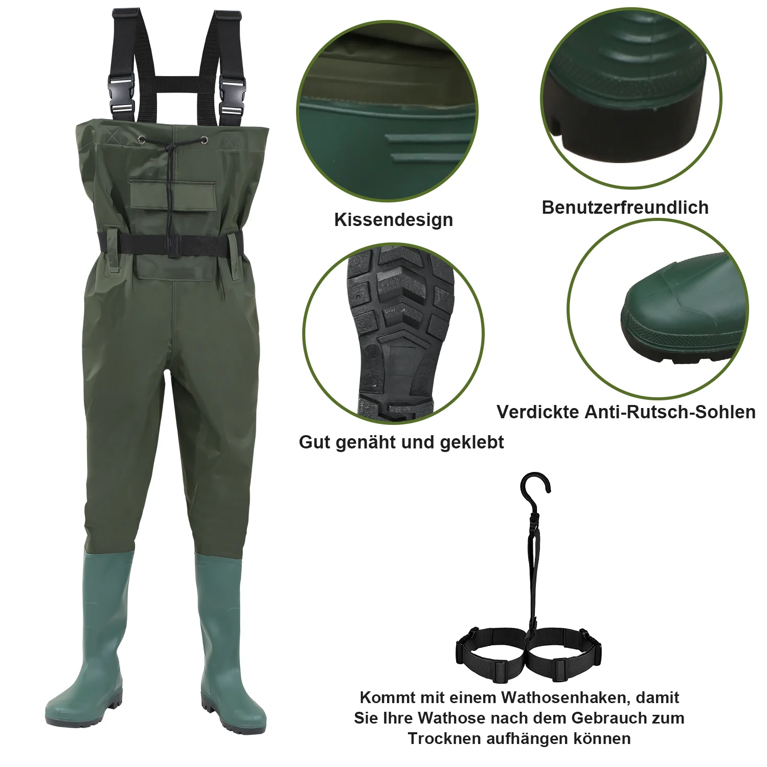 Wathose mit Gummistiefeln, Bund und Haken