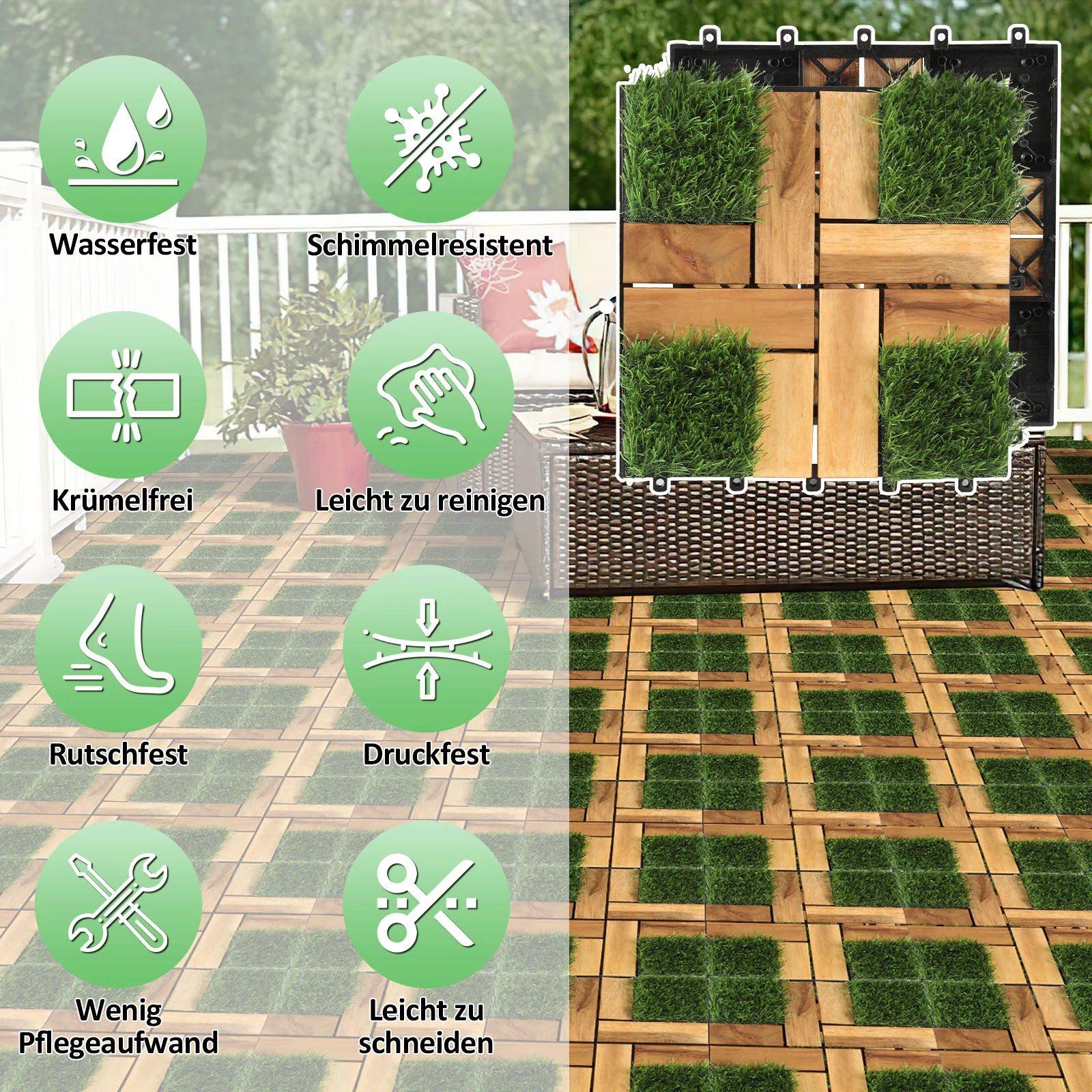 Holzfliesen Balkonfliesen mit Grass 30x30cm 11 Fliesen