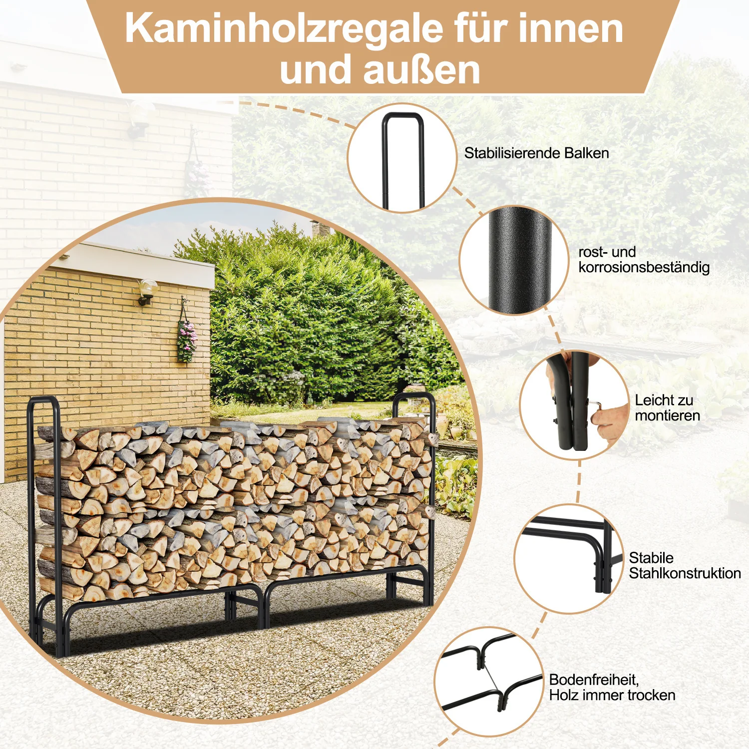 Kaminholzregal Metall 244x34.5x124cm mit Schutzhülle