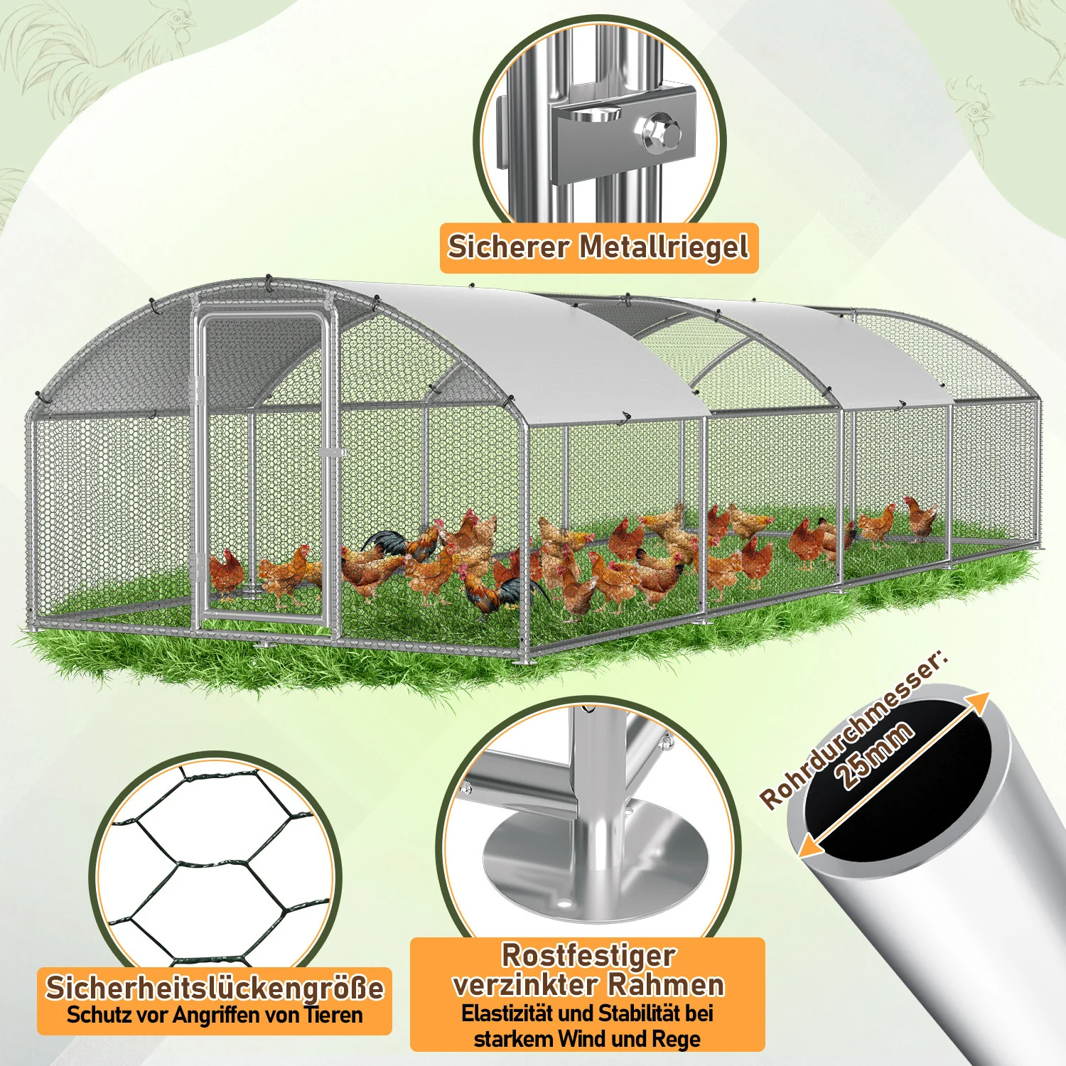 Hühnerstall Freilaufgehege Kuppeldach Verzinktem Stahl 3x8x2m