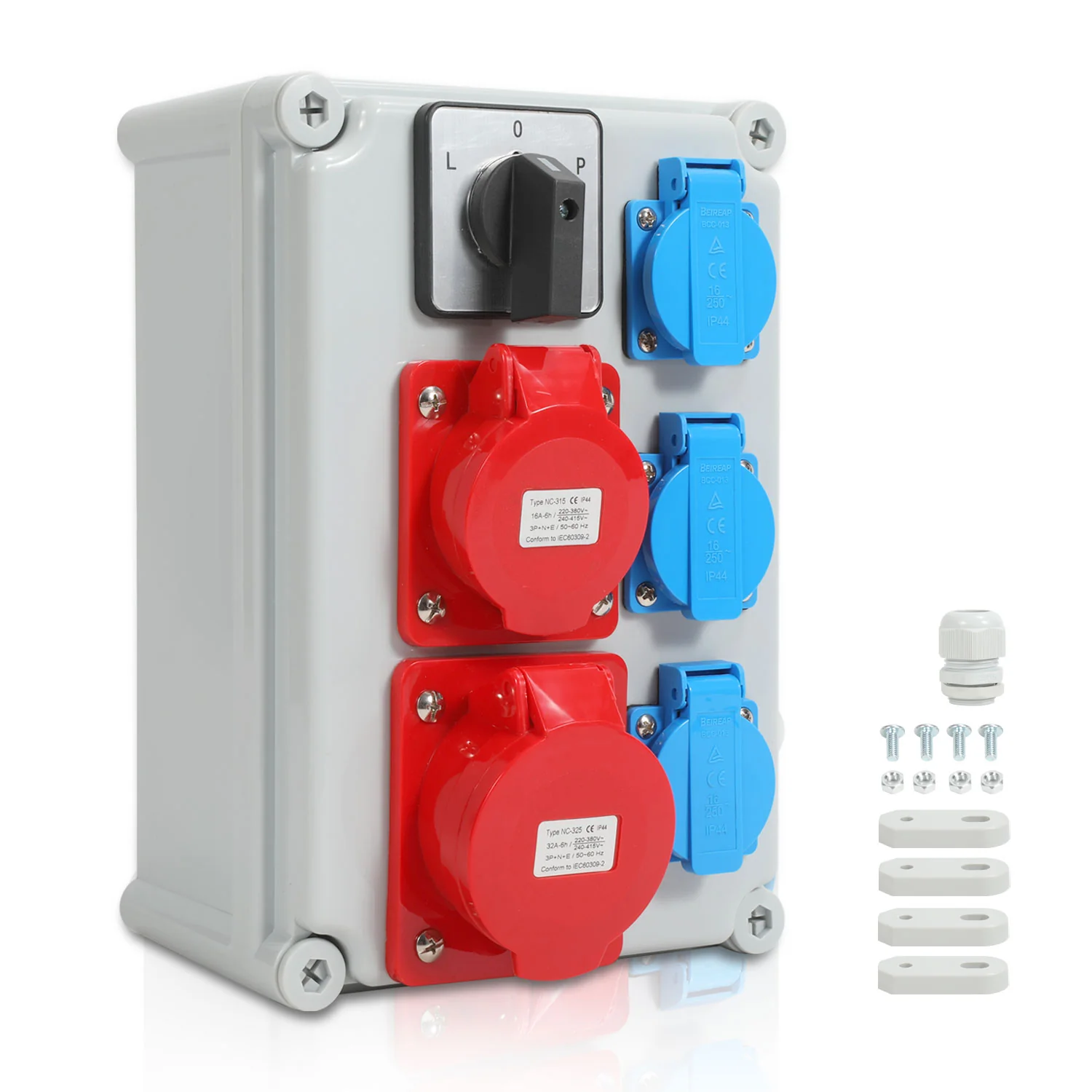 Wandverteiler mit L-0-P Nockenschalter und MCB, 3xSchuko-Steckdose und CEE-Steckdose 16/32A