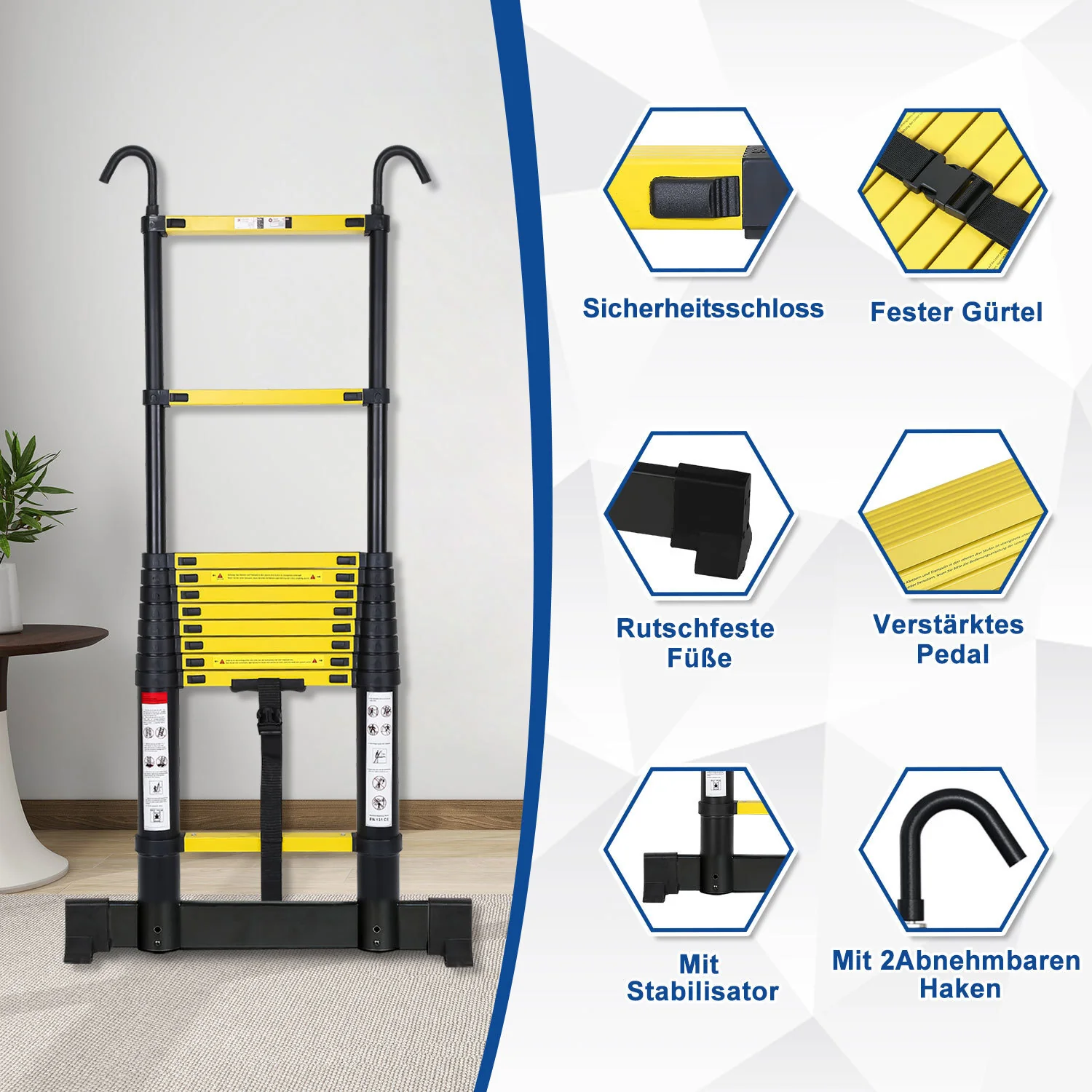 Teleskopleiter Aluminium mit Abnehmbarem Haken mit Stabilisator