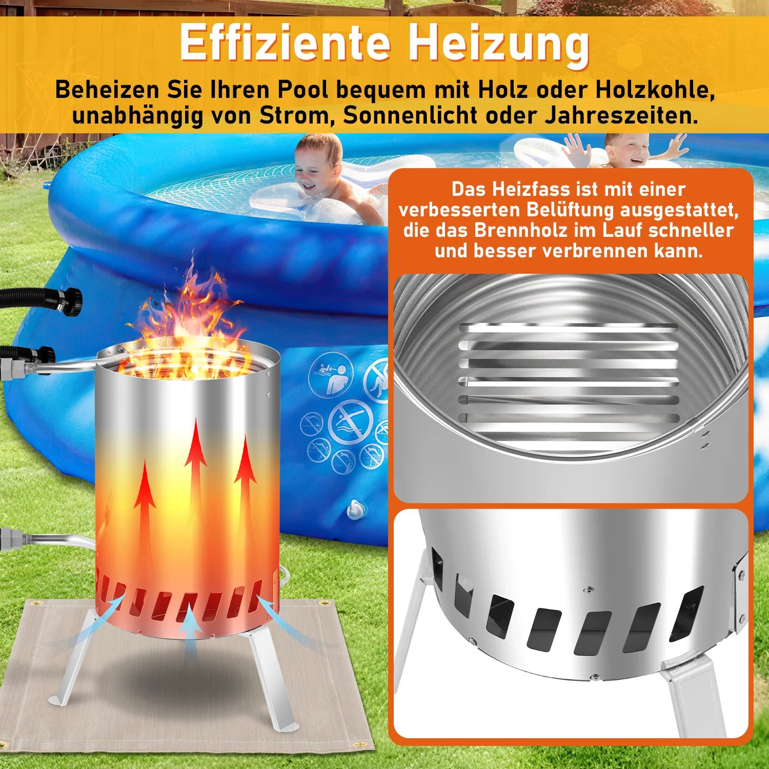 Poolheizung Brennholz Feuer Feuertonne Edelstahl