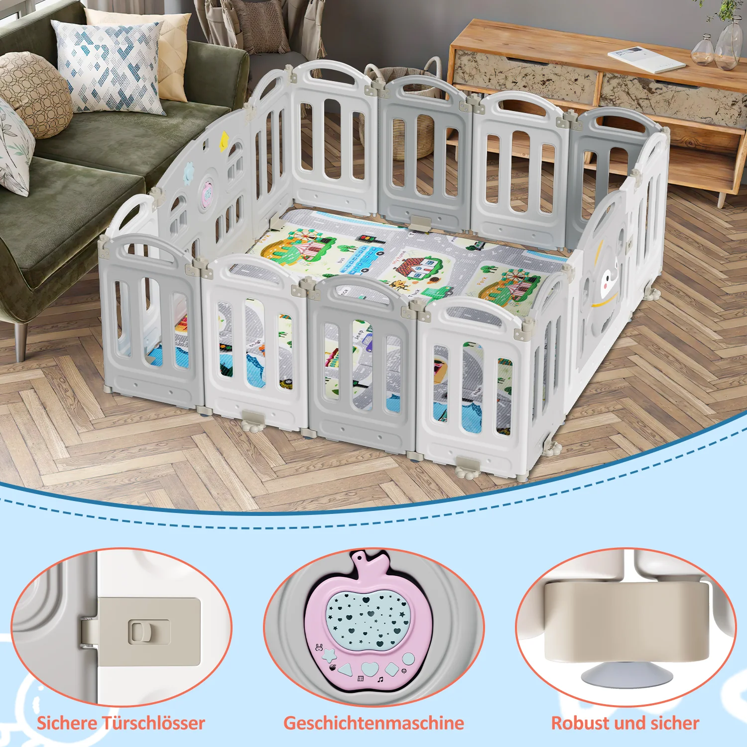 Laufstall baby Faltbares mit Kriechmatte und Geschichtenbox