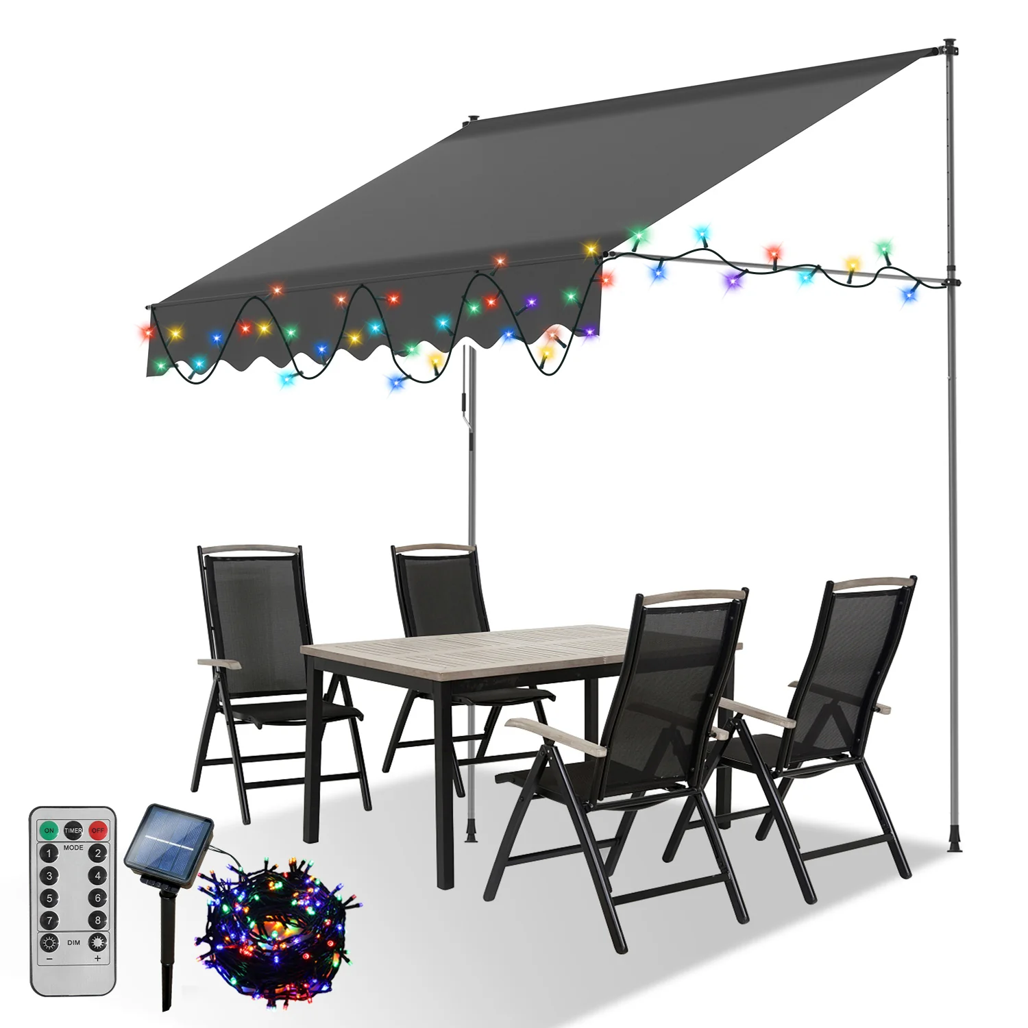 Klemmmarkise mit Handkurbel mit Solar LED Lichtkette