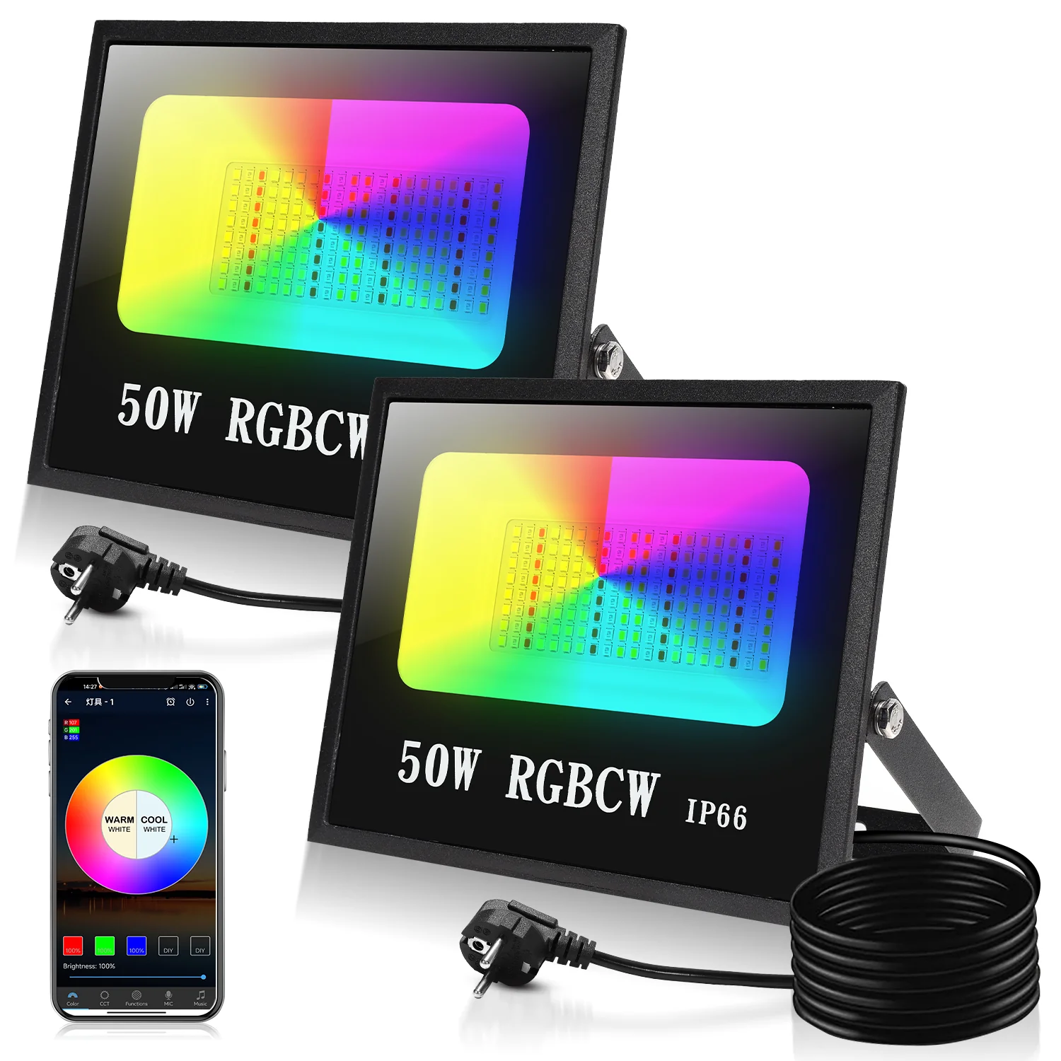 RGB LED Strahler 50W 2 Stück Bluetooth APP-Steuerung