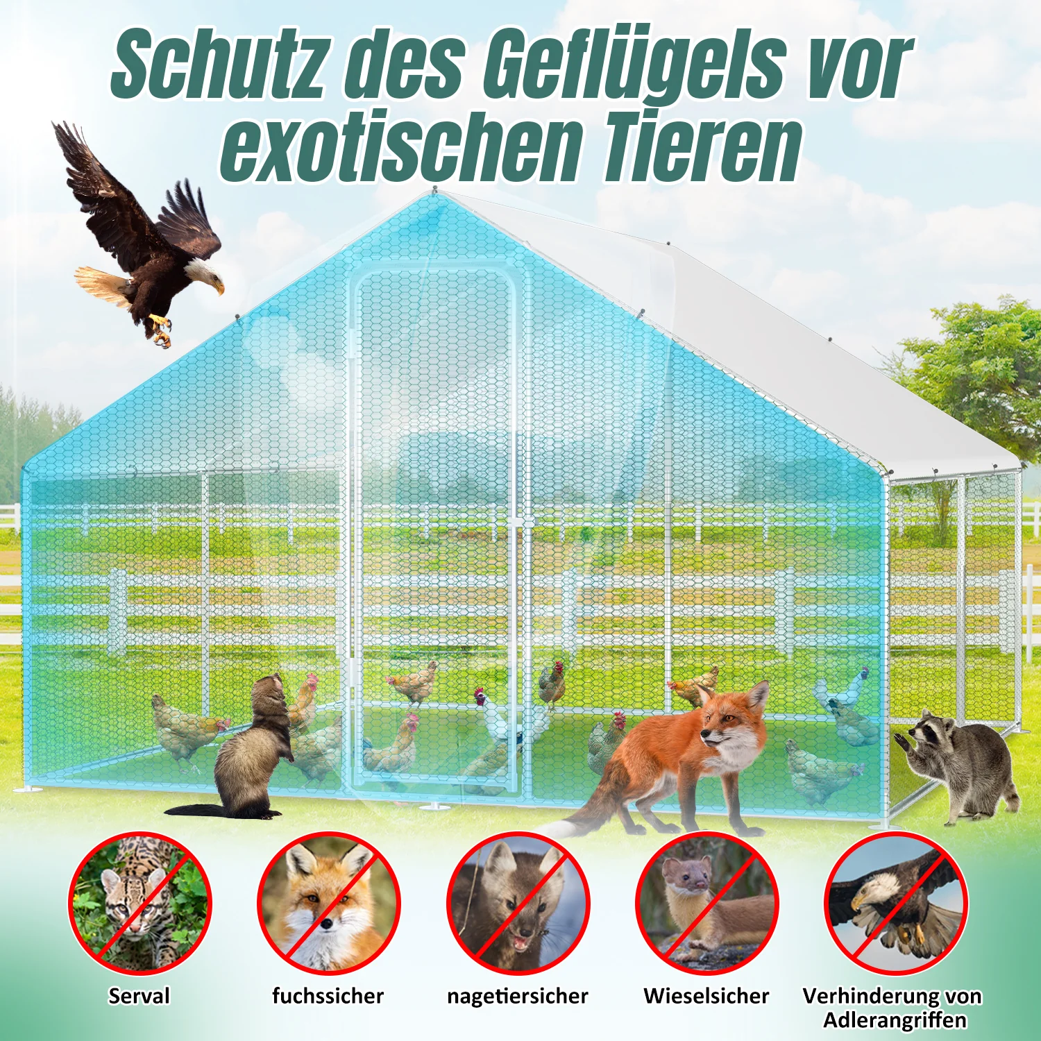 Hühnerstall Freilaufgehege Verzinkter Stahl mit Dachplane 3*8*2m