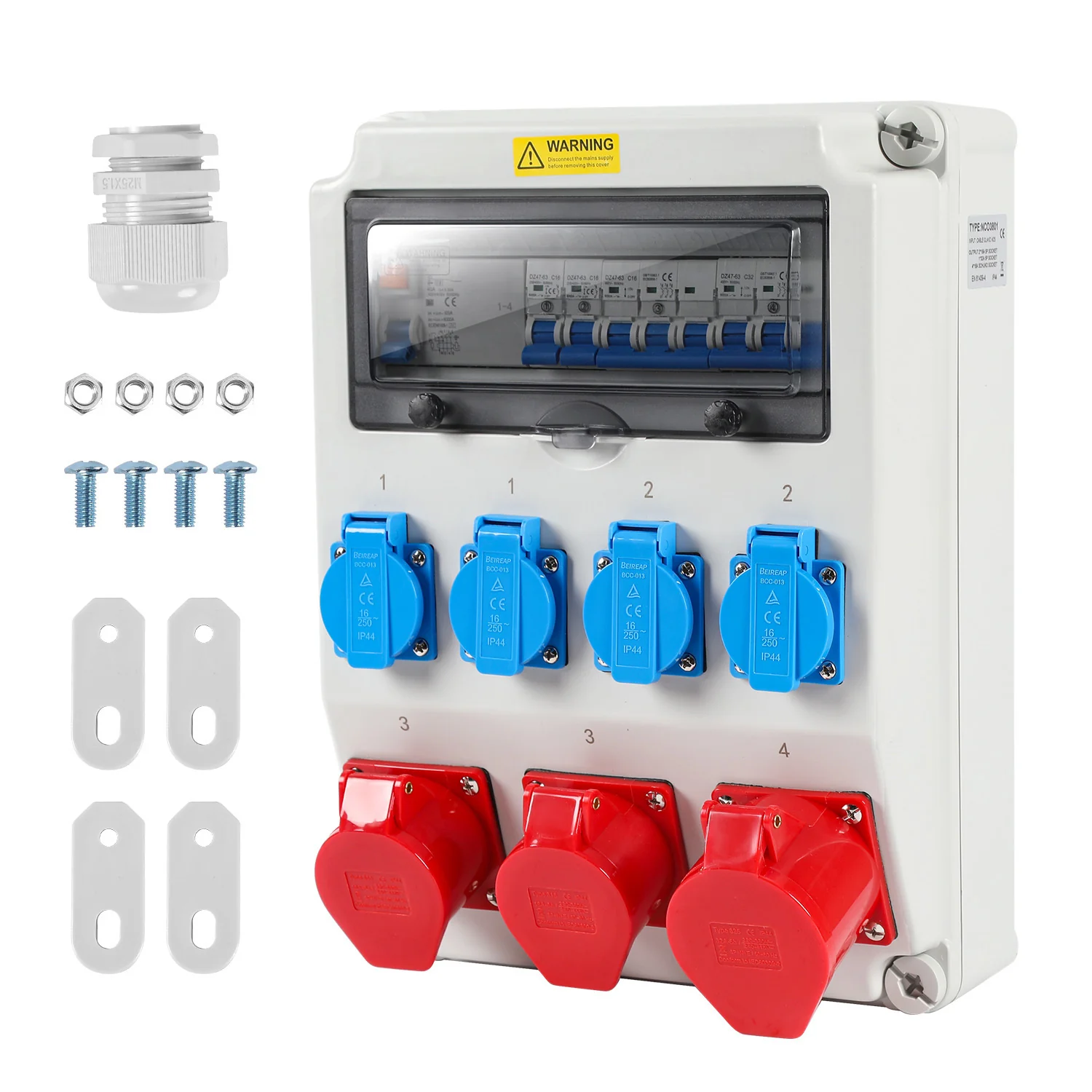 Wandverteiler FI 4xSchuko-Steckdose und CEE-Steckdose 16/32A