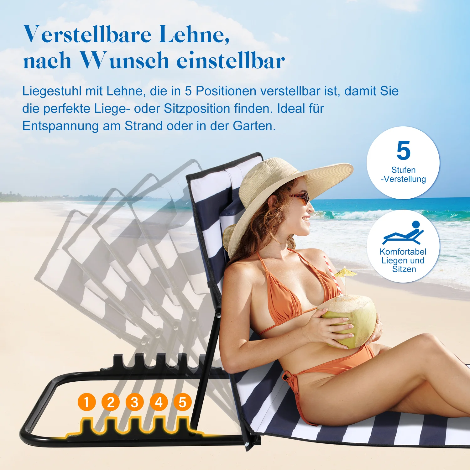Strandliegen Tragbar Strandmatte mit Einstellbar Höhe 158cm