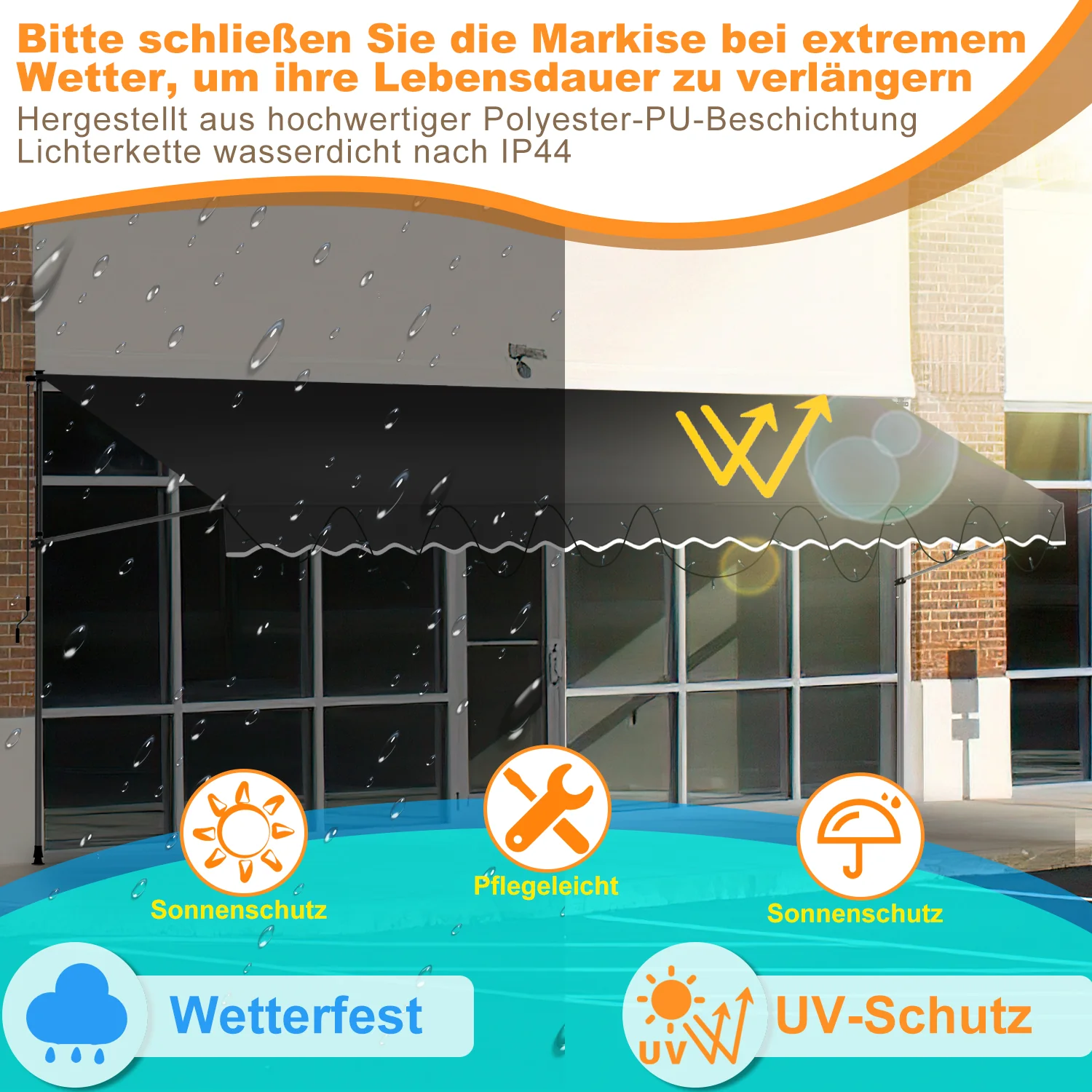 Klemmmarkise mit Handkurbel mit Solar LED Lichtkette