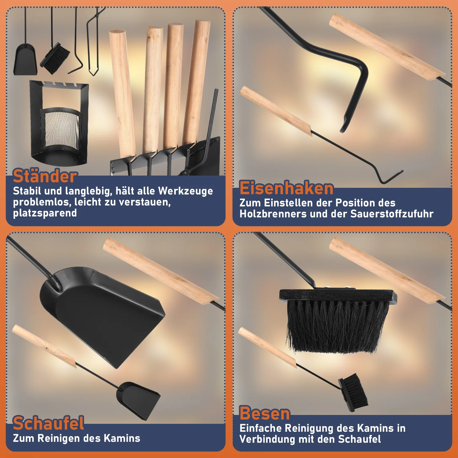 Kaminbesteck 4-teiliges Kaminbesteck Set Holzgriff