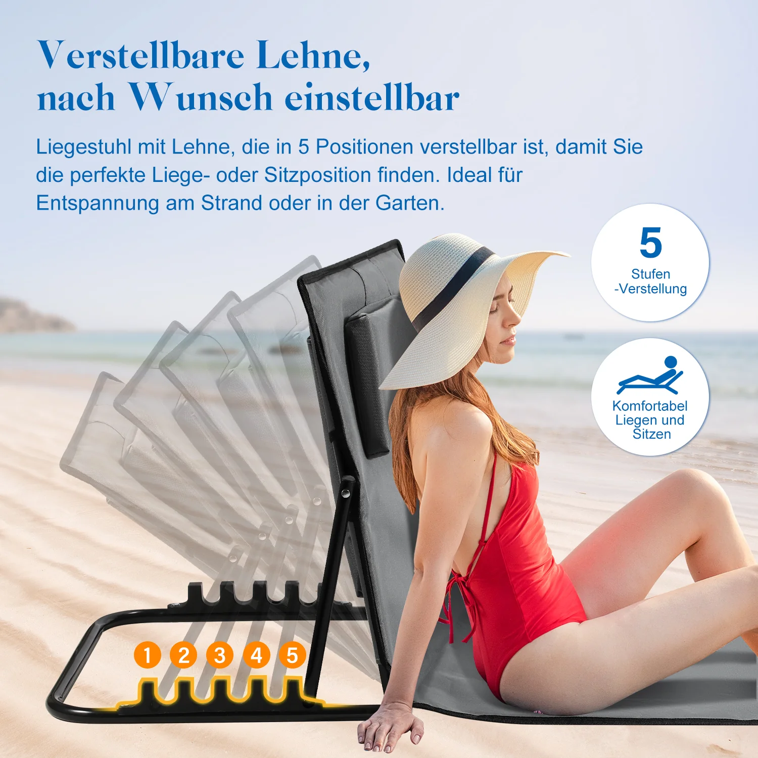 Strandliegen Tragbar Strandmatte mit Einstellbar Höhe 145cm