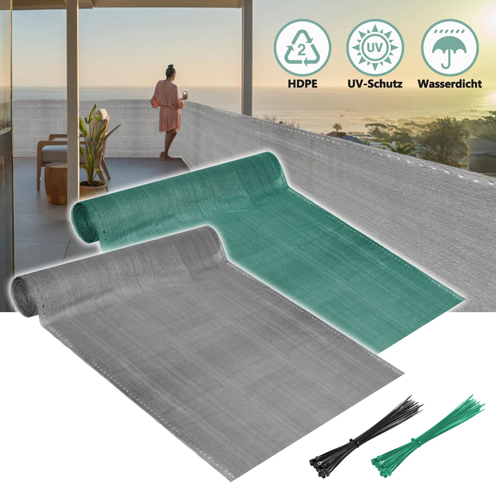 Sichtschutz HDPE Windschutz Schattennetz Grün/Grau