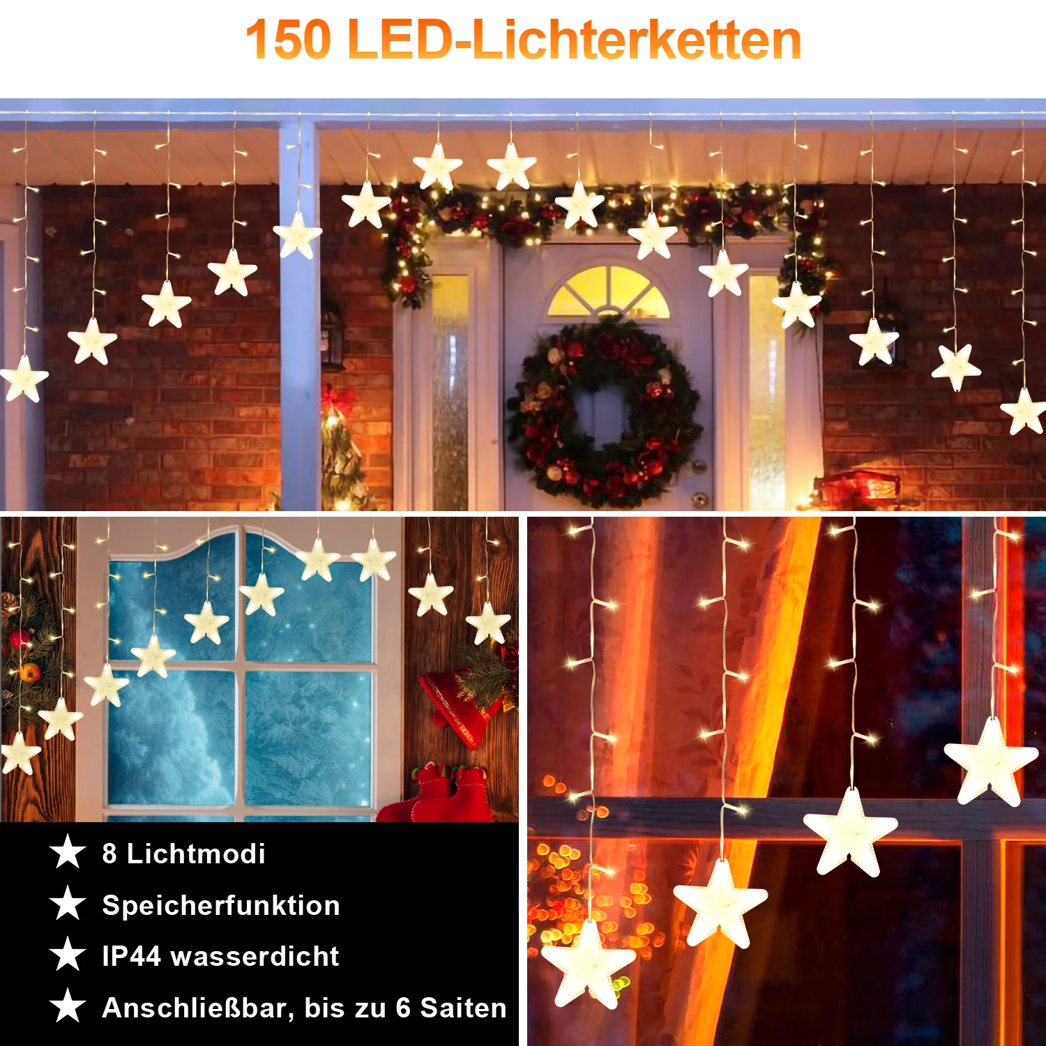 LED Lichtervorhang 3.5M Sterne Lichterkette 150 LEDs