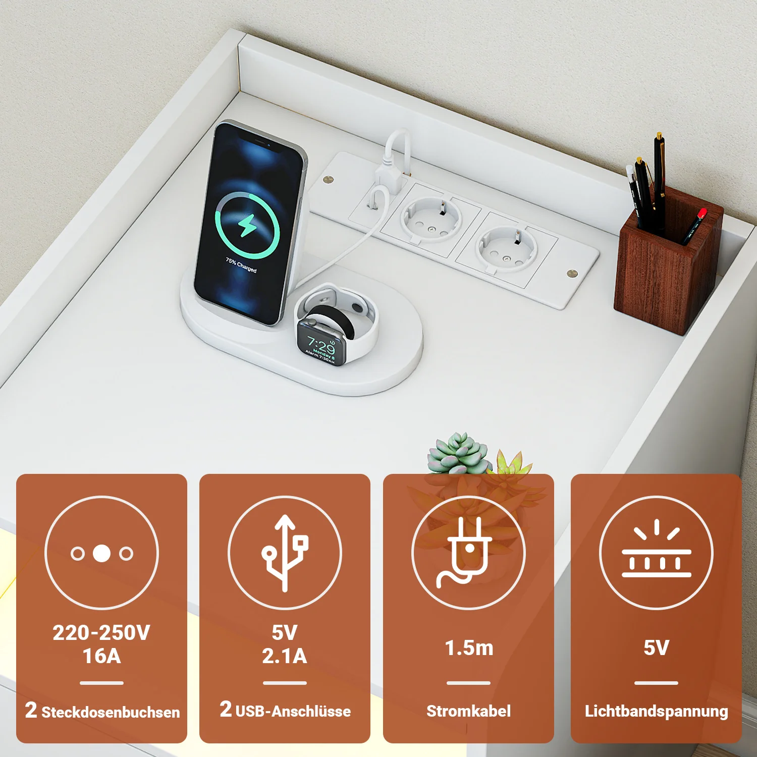 Nachttische mit LED-Streifen 2 Schubladen Steckdose Weiß/Schwarz