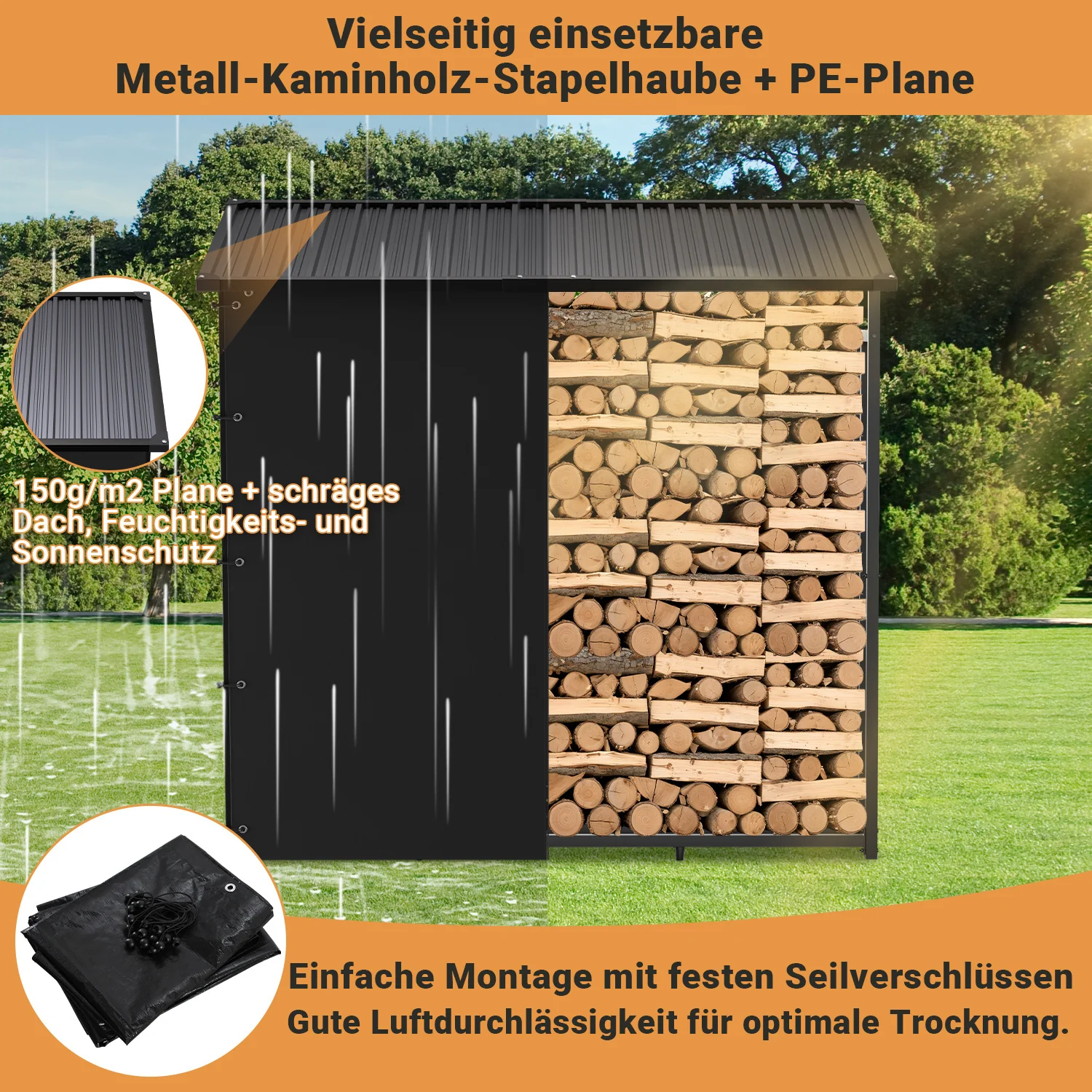 Kaminholzregal Brennholzregal Metall 185x70x185cm mit Dach