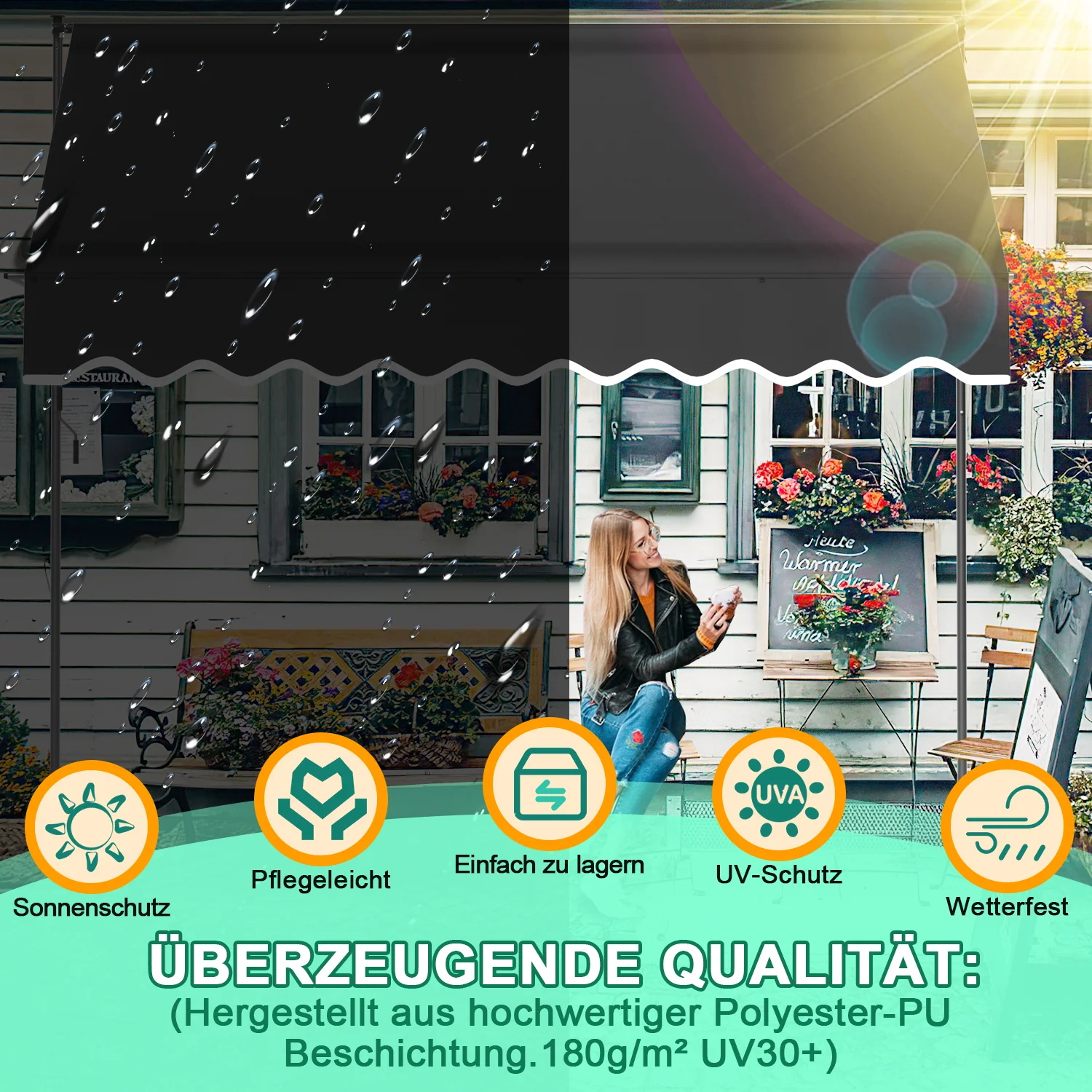 Klemmmarkise mit Handkurbel Einziehbare ohne Bohren