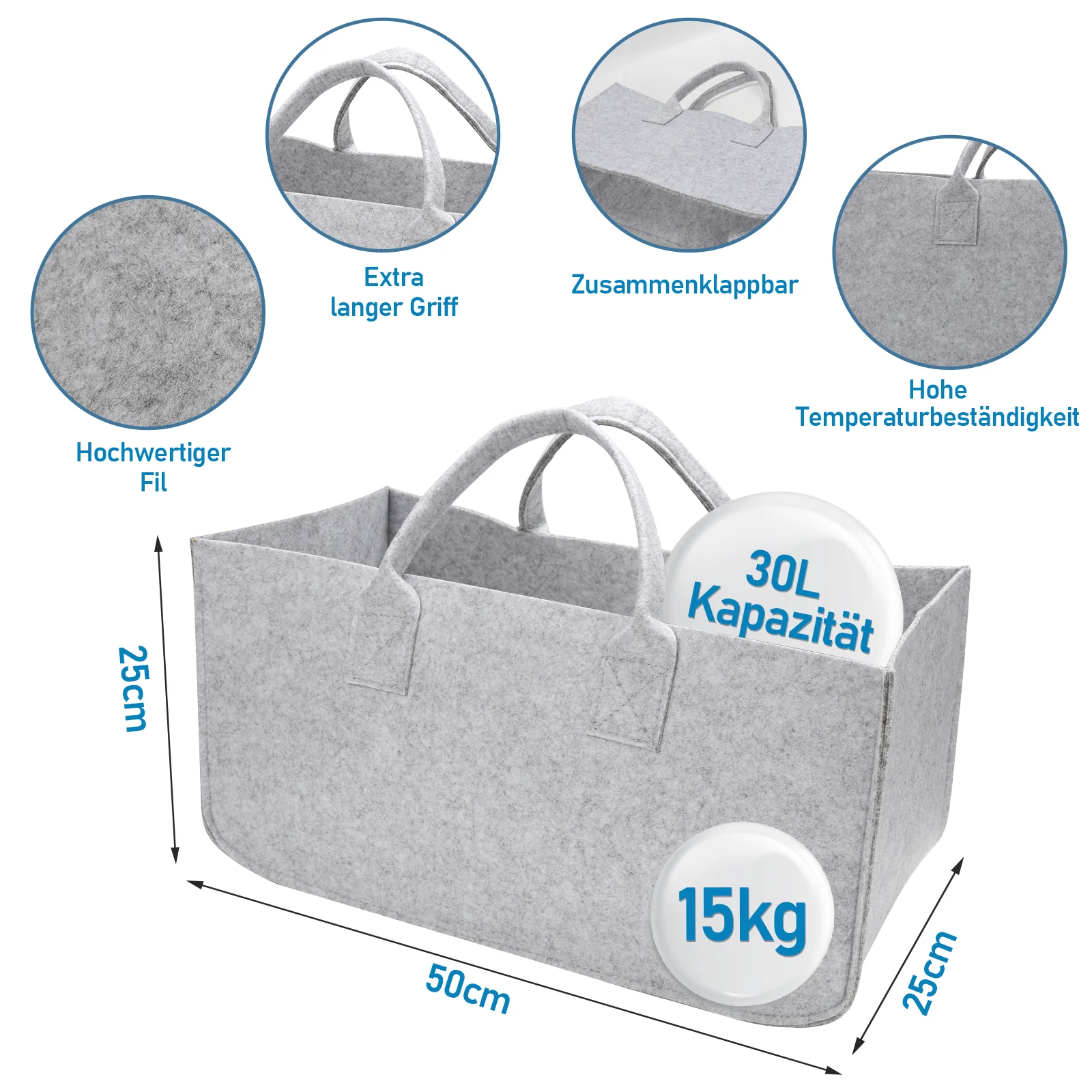 2x Filztasche Kaminholztasche Brennholzkorb Faltbar 30L