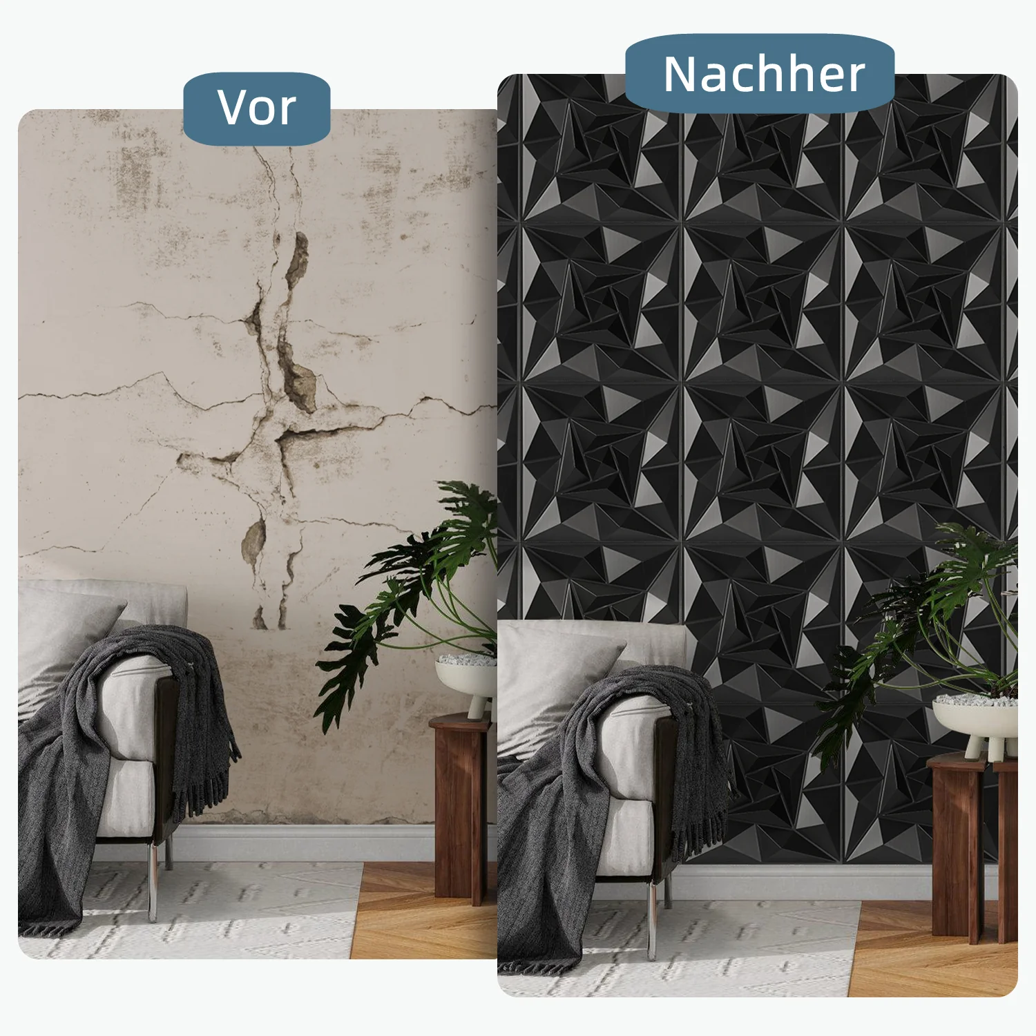 3D Wandpaneele 12 Stück 50x50cm Quadrat Diamant Schwarz