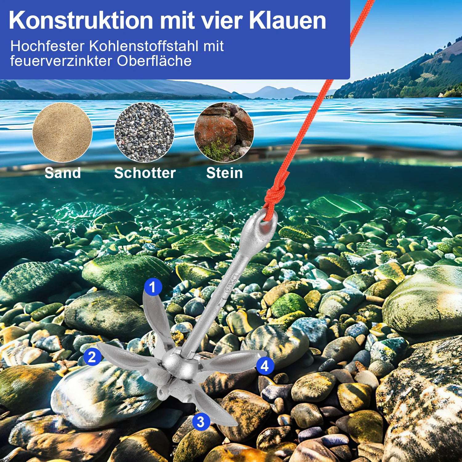 Bootsanker mit 6mm x 20m Seil Faltanker 0.7kg/1.5kg