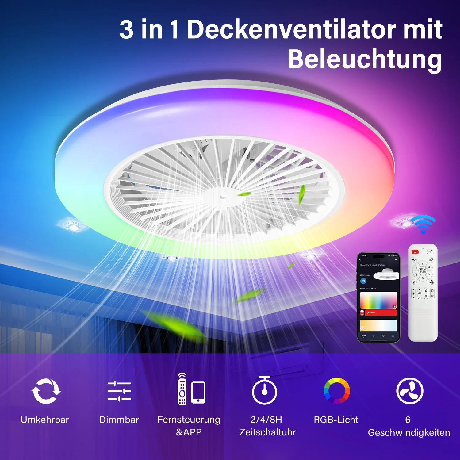 Deckenventilator mit Beleuchtung RGB mit Fernbedienung