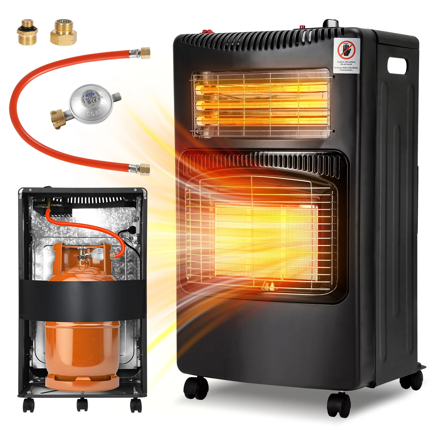 Gasheizung 4200w und 1260w Gas-Elektro-Heizgerät mit Gasdruckregler, Gasschlauch, Gasflaschen Adapter