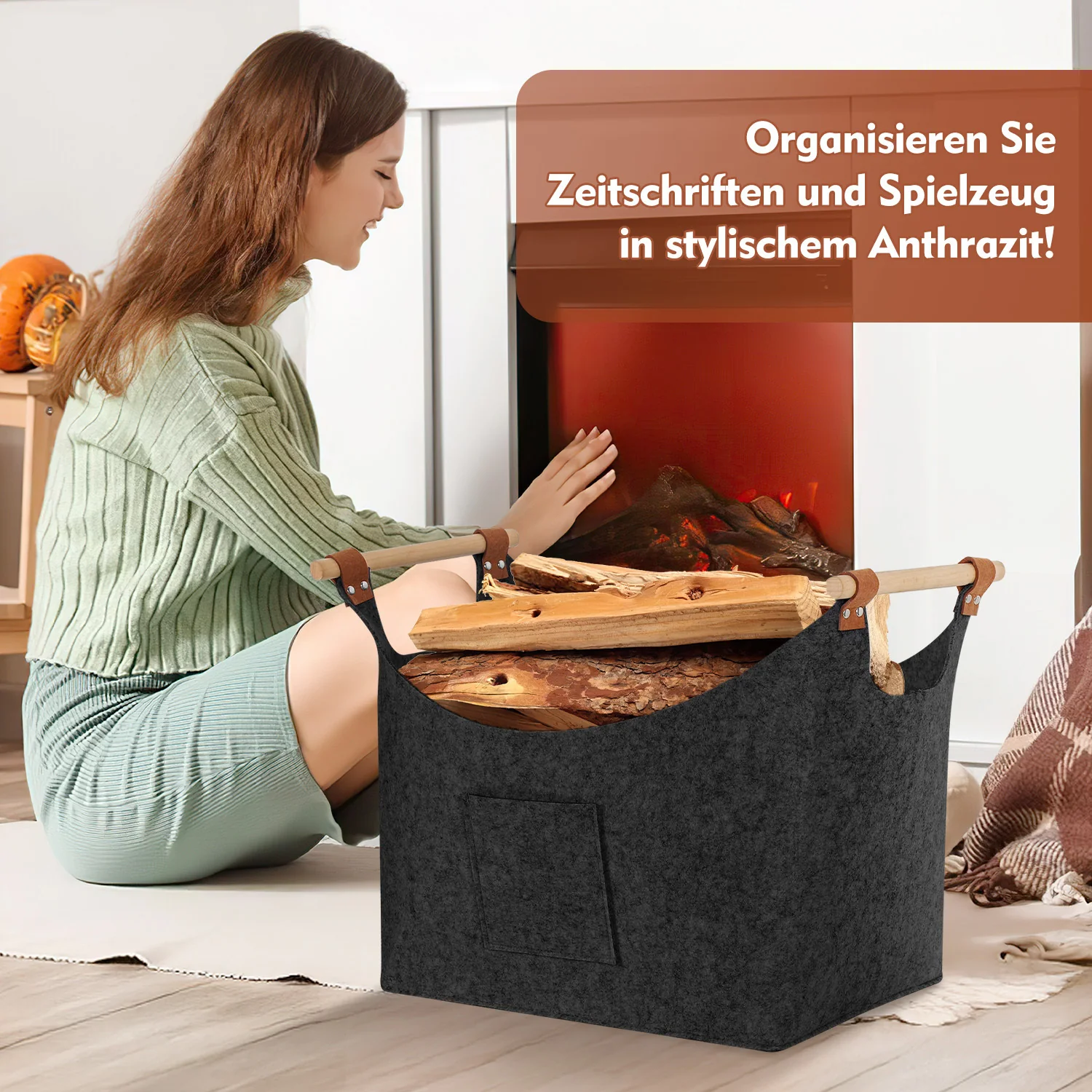 Filzkorb Brennholztasche mit Holzgriffen 80L