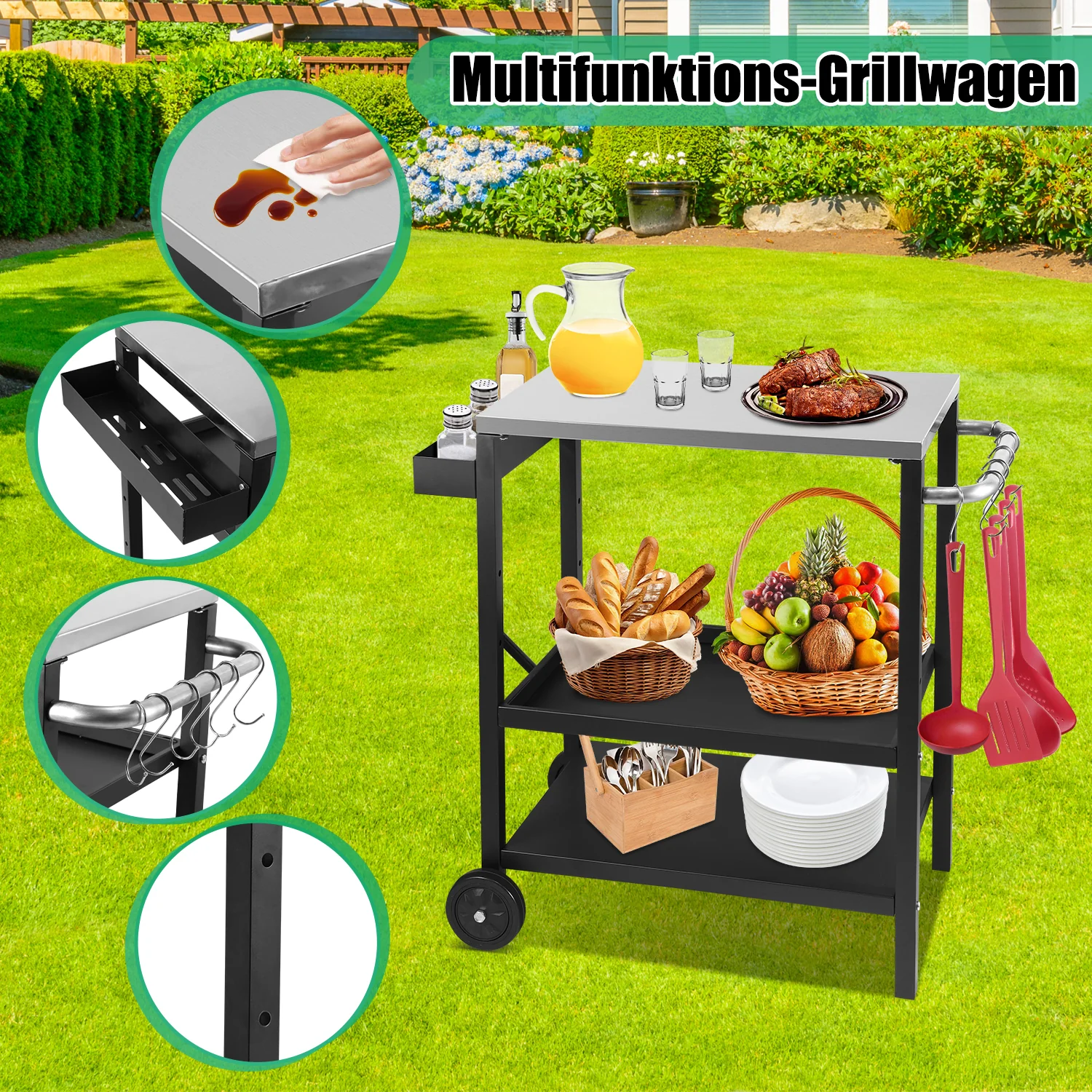 Grillwagen Grilltisch Höhenverstellbar mit 3 Ablagen BBQ