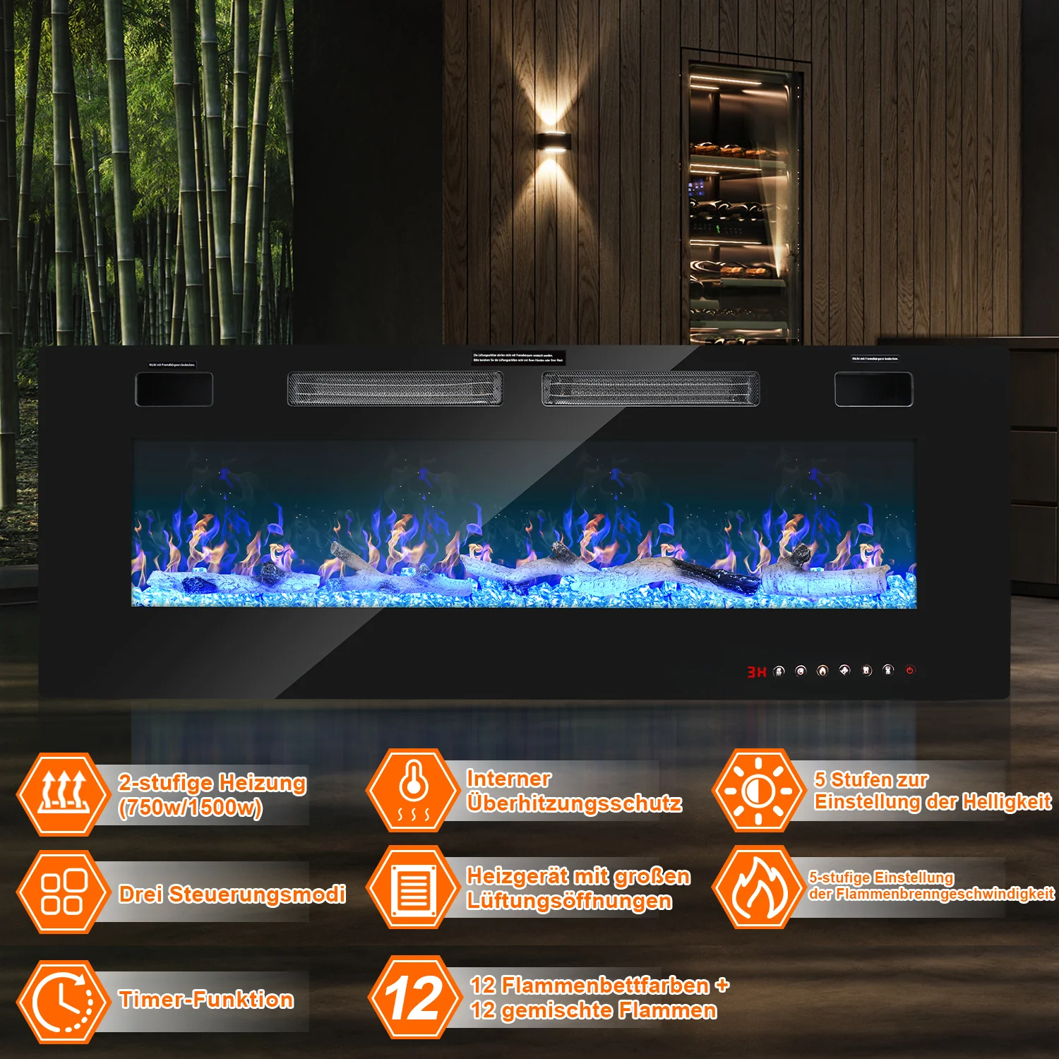 Elektrokamin Wandkamin Einstellbarer Thermostat 750w/1500w