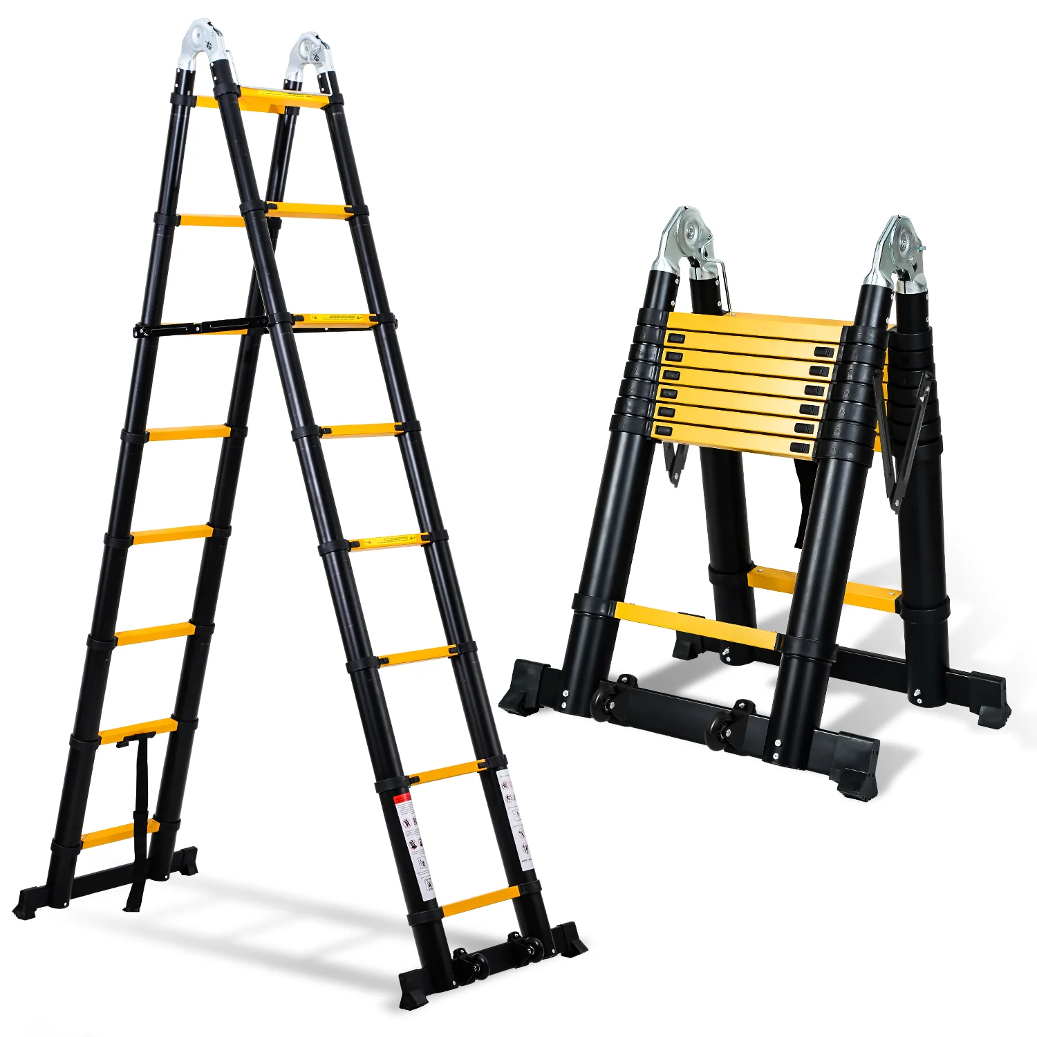 5M Alu Teleskopleiter Klappleiter mit Rädern und Dreiecksstabilisator Schwarz