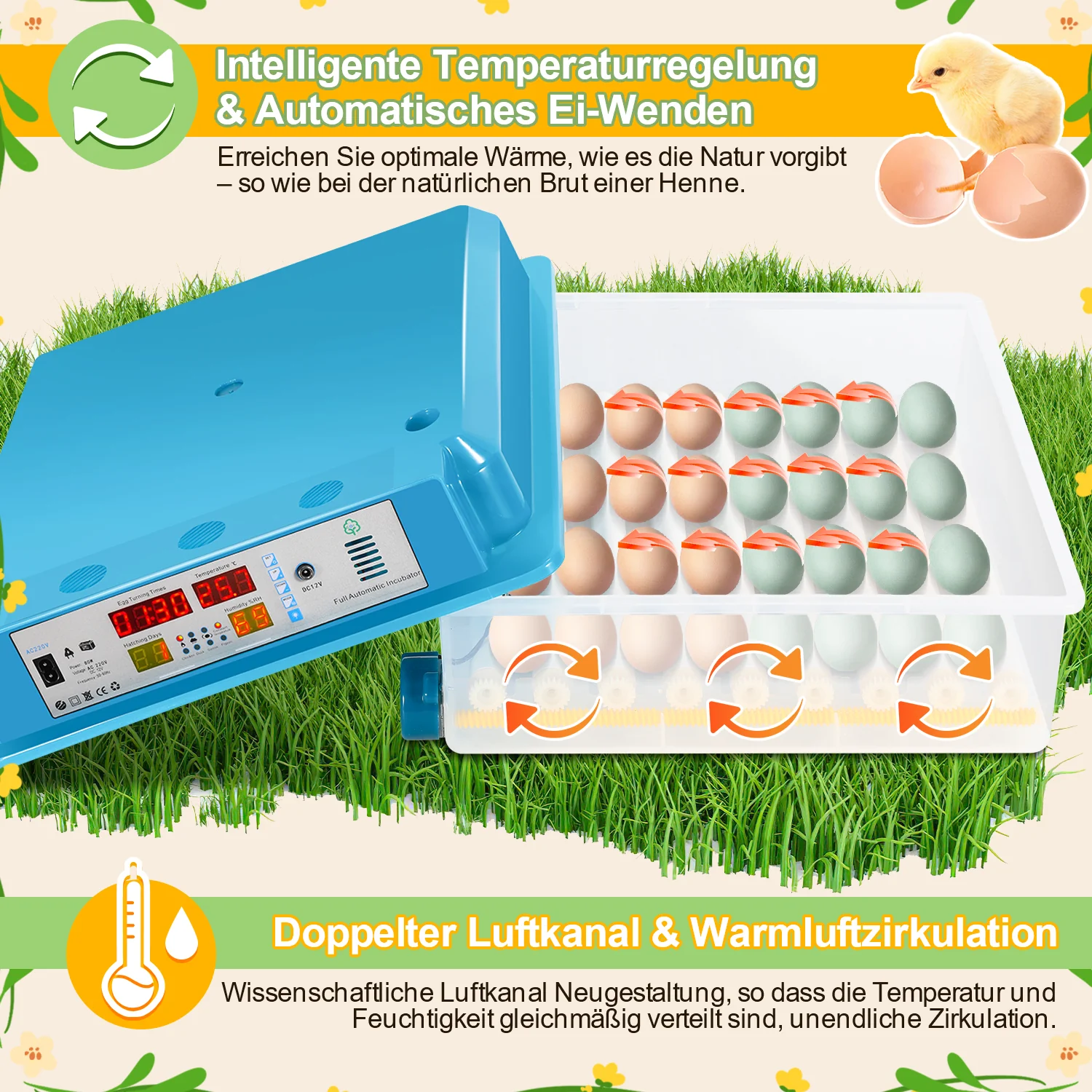 Brutautomat Vollautomatisch Inkubator für Hühner 64 Eier