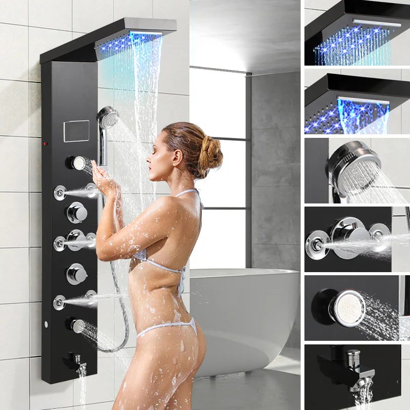 Duschpaneel mit Armatur 6 Funktionen Edelstahl Schwarz