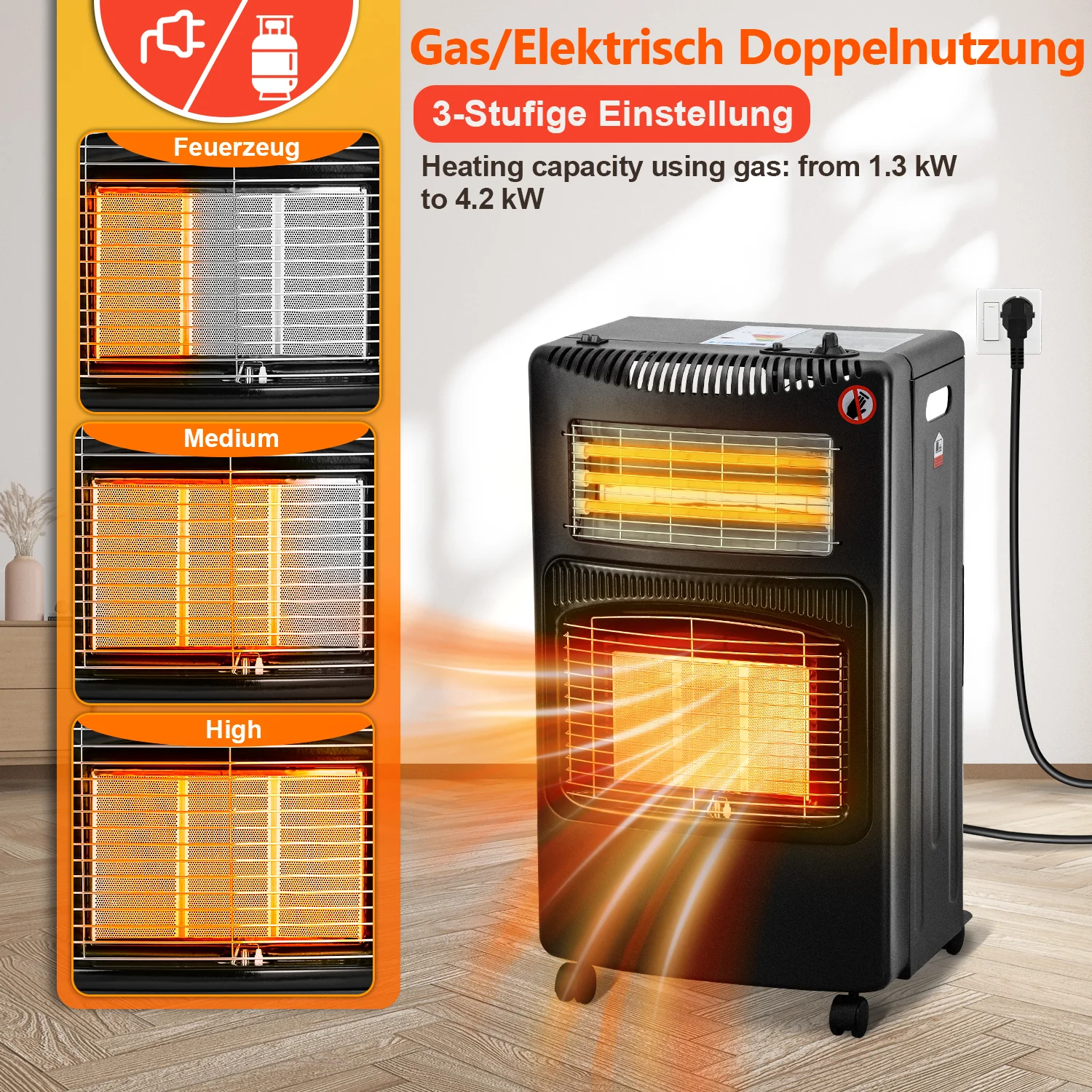 Gasheizer 4200W und 1260W Elektrische Gasheizgerät mit Druckminderer