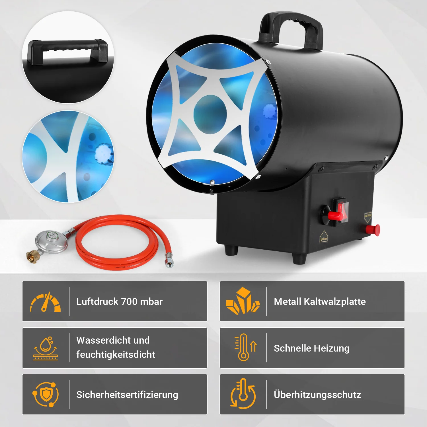 Gasheizgebläse Gasheizer inkl. Verbindungschlauch 10/15/30kW