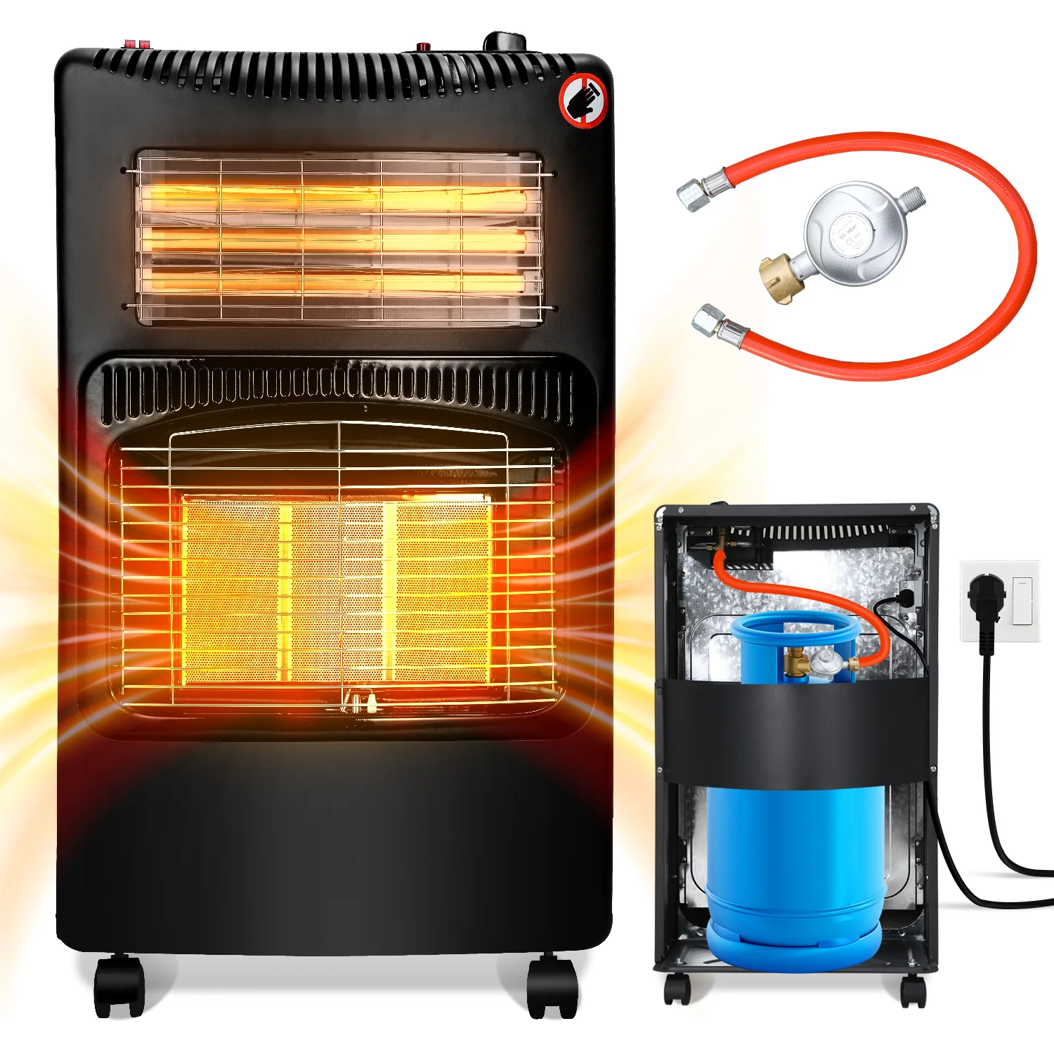 Gasheizung 4200w und 1260w Gas-Elektro-Heizgerät mit Gasdruckregler, Gasschlauch, Gasflaschen Adapter