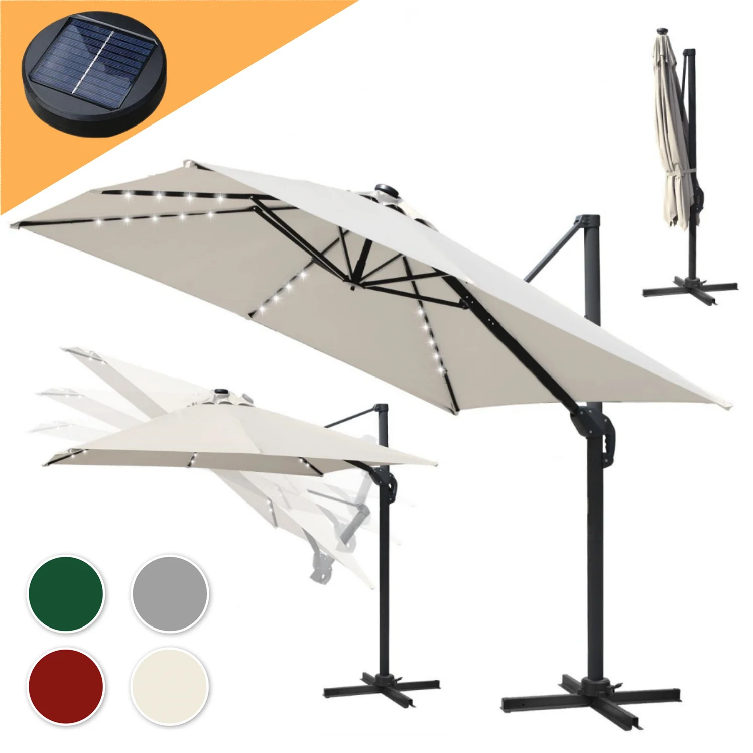 Ampelschirm 300 x 300 cm Sonnenschirm 360° Drehbar mit Solar-LED