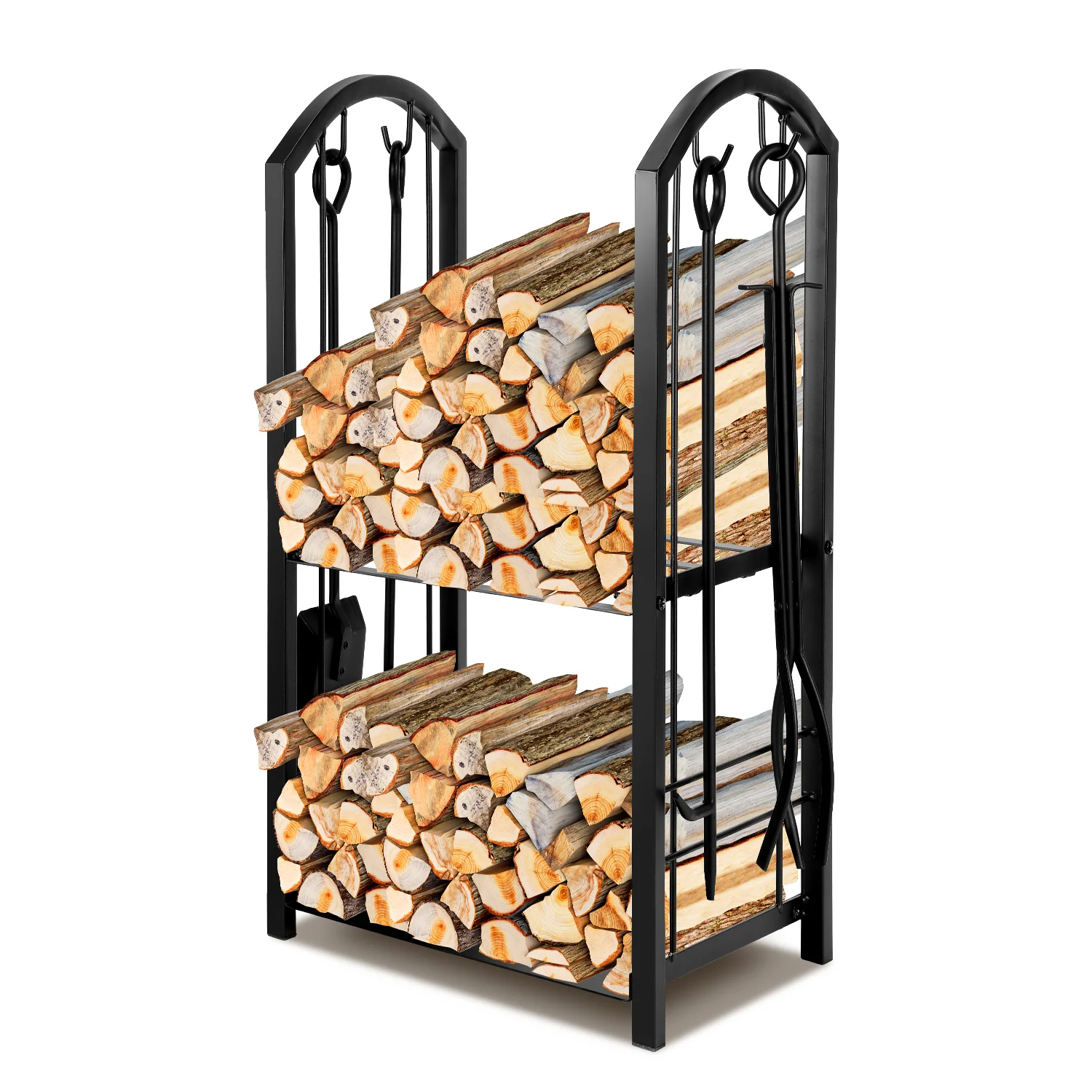 Doppelstöckiges Kaminholzregal mit 4 Kaminwerkzeug