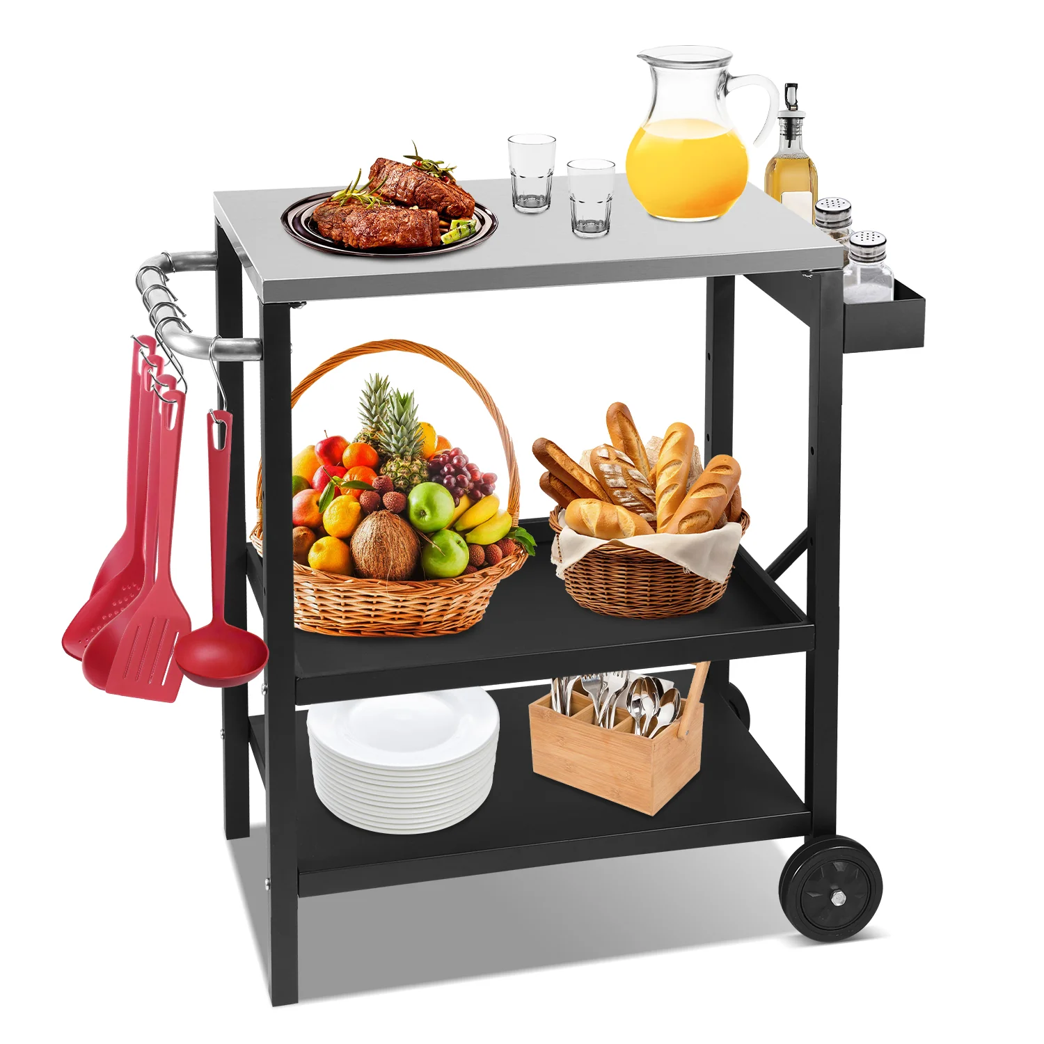 Grillwagen Grilltisch Höhenverstellbar mit 3 Ablagen BBQ