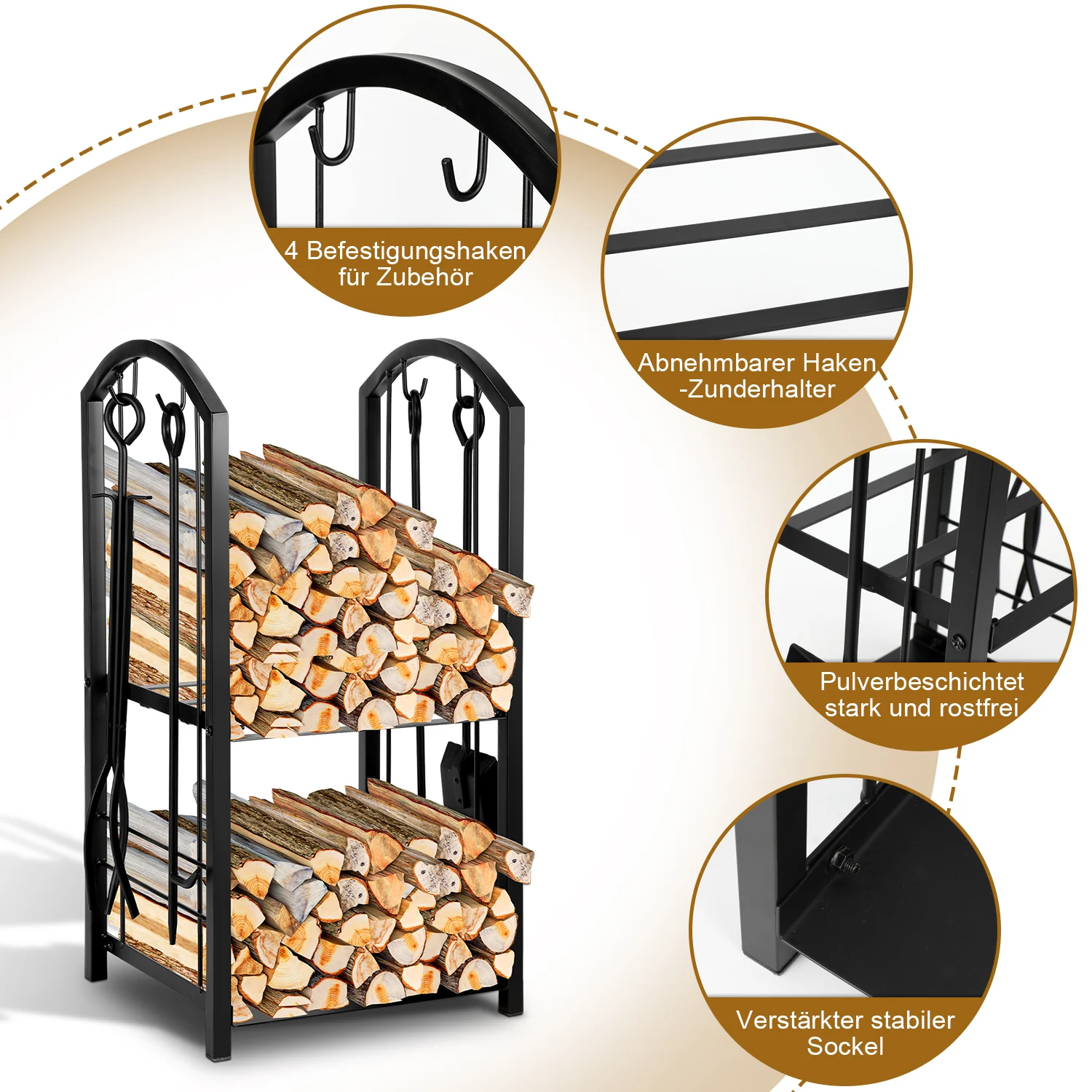 Doppelstöckiges Kaminholzregal mit 4 Kaminwerkzeug