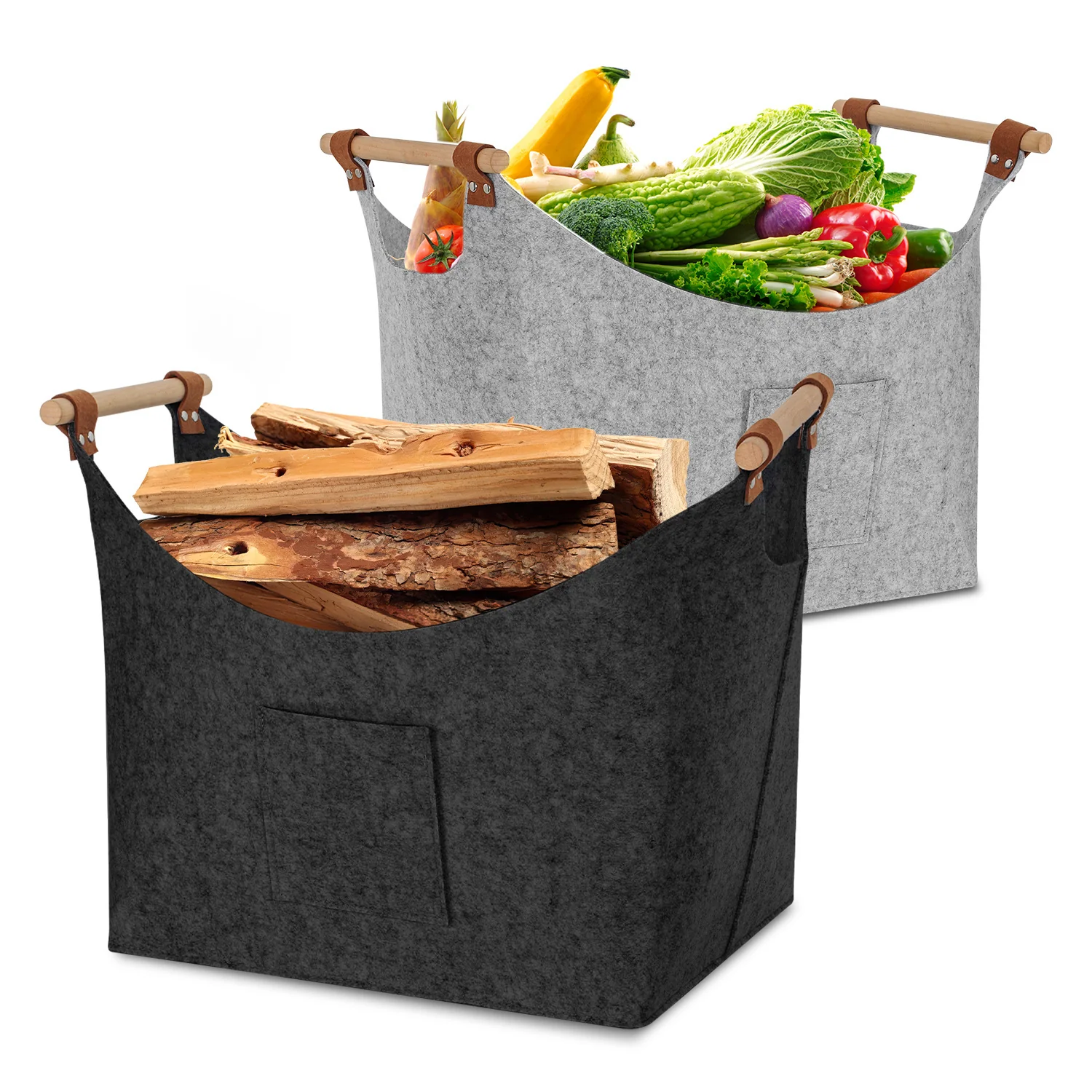 Filzkorb Brennholztasche mit Holzgriffen 80L