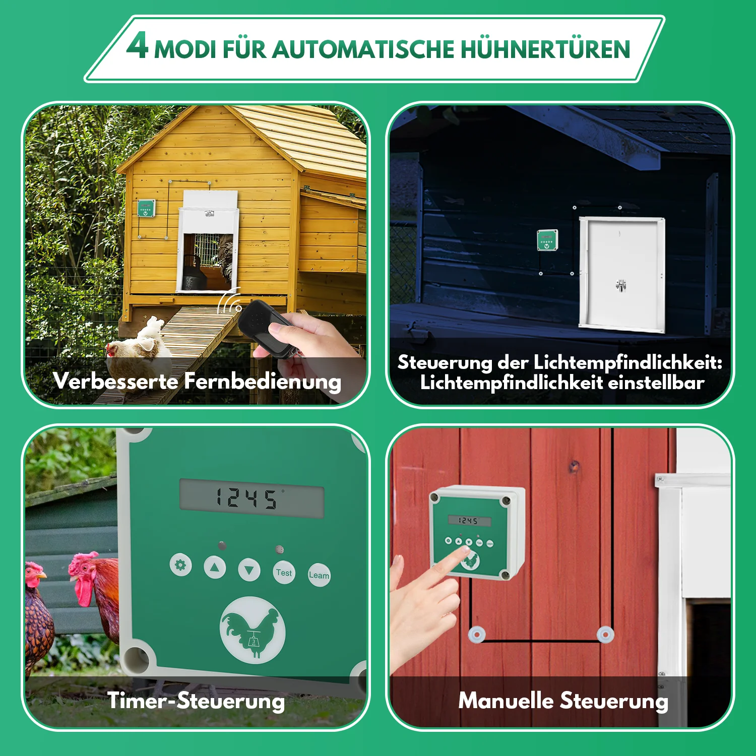 Automatische Hühnertür Flüssigkristallanzeige mit Lichtsensor und Zeitsteuerung